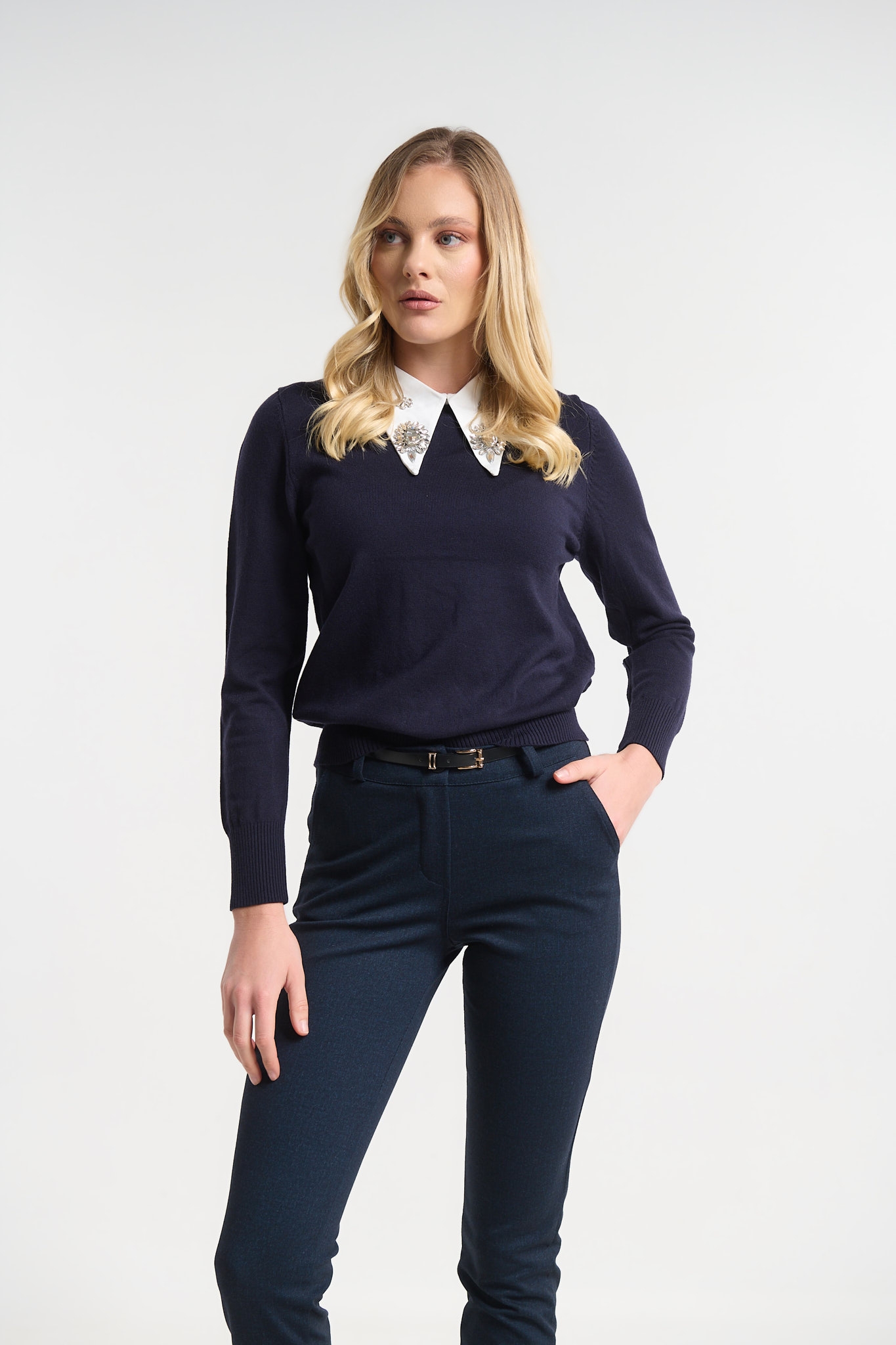 Top Decorative Collar Rhinestones Stretch