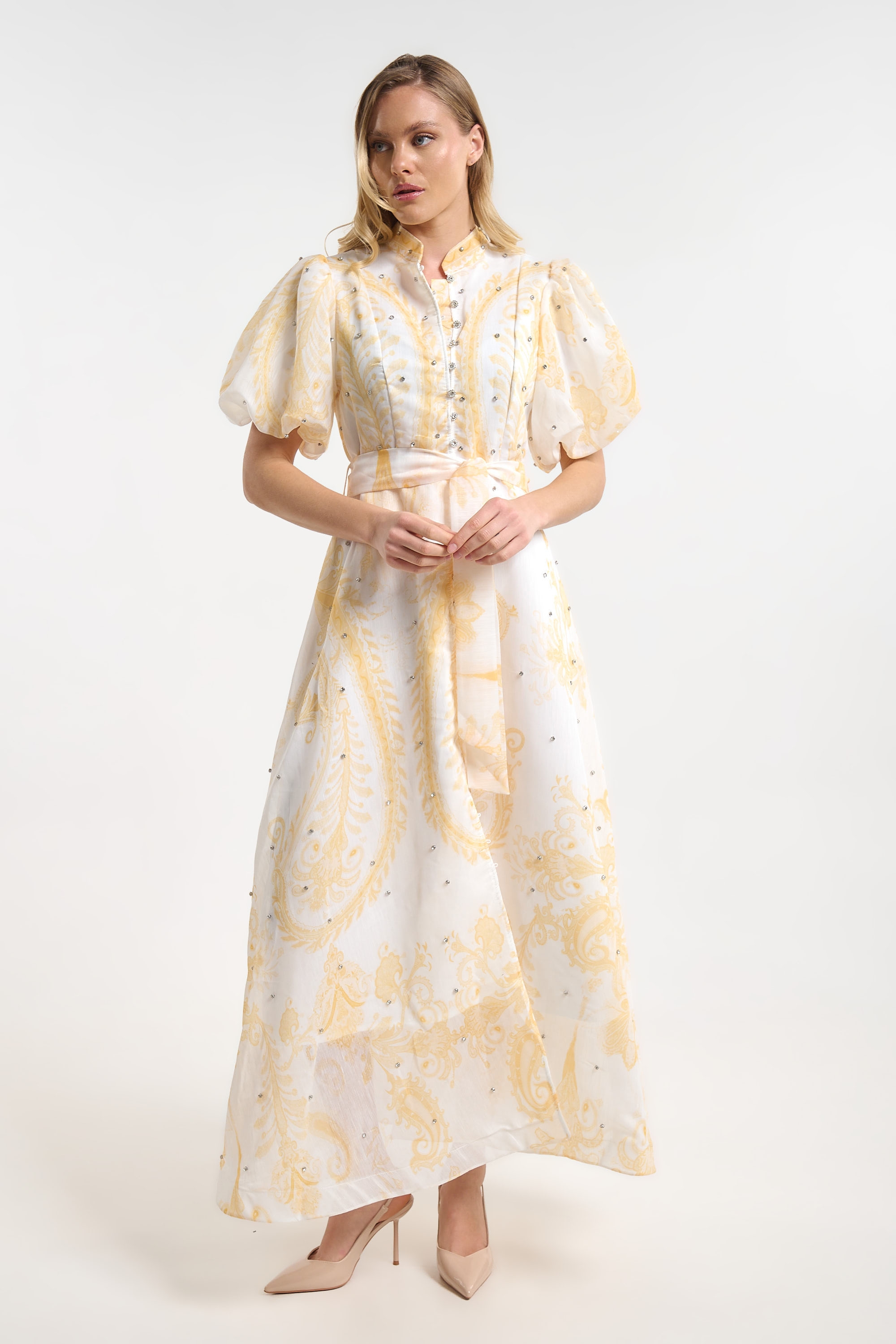 Long Printed Dress with Puff Sleeves for Women