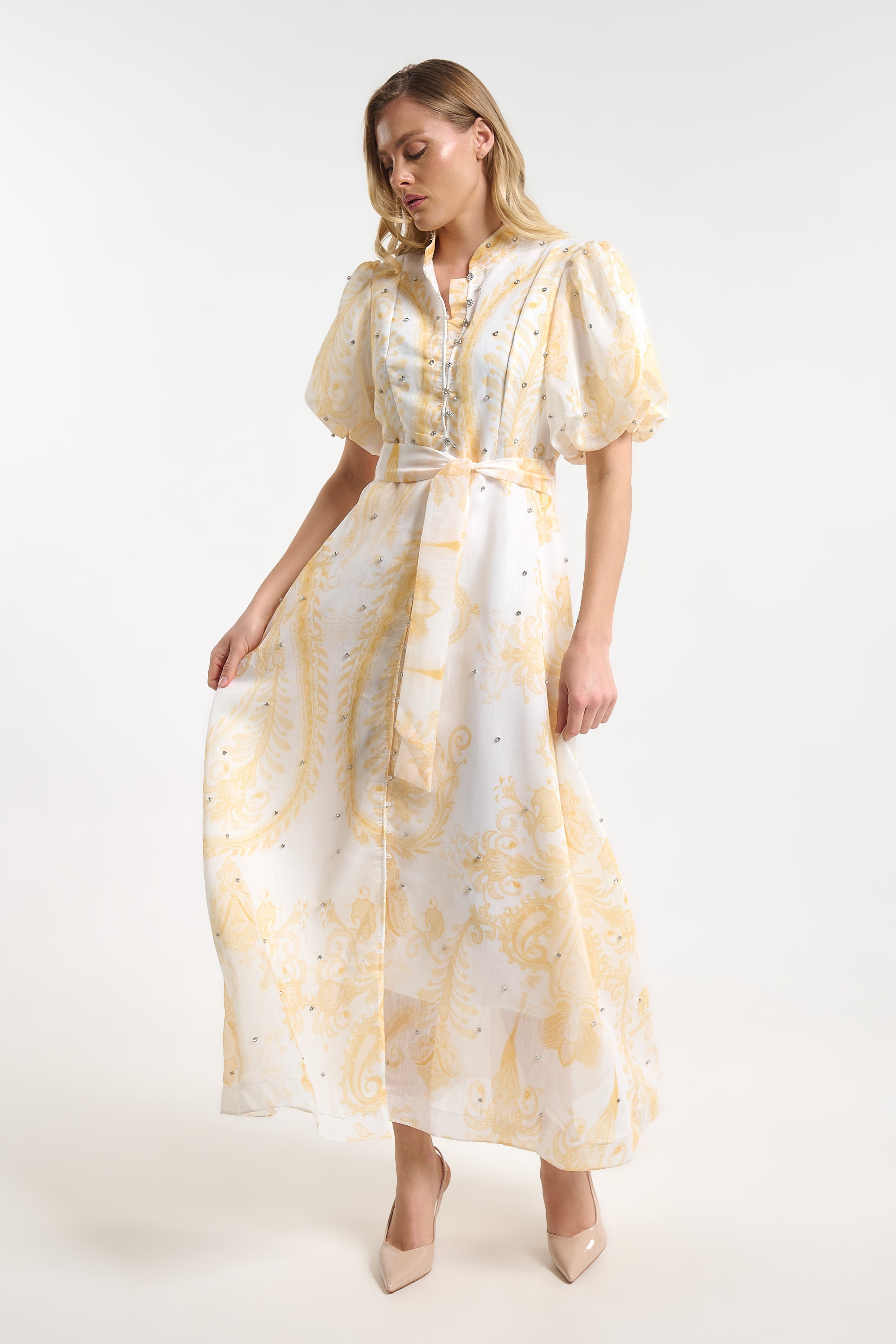 Long Printed Dress with Puff Sleeves for Women
