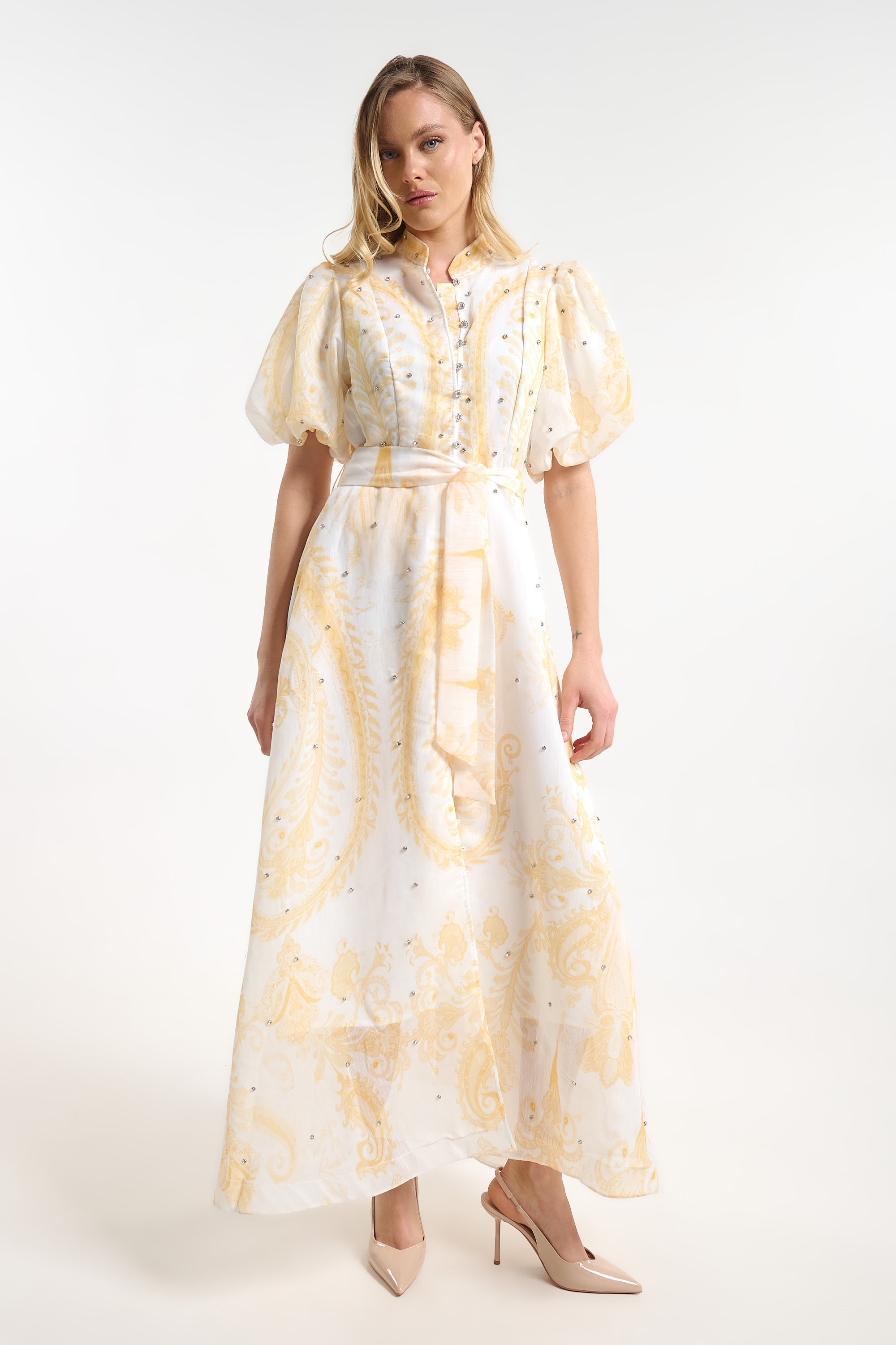Long Printed Dress with Puff Sleeves for Women