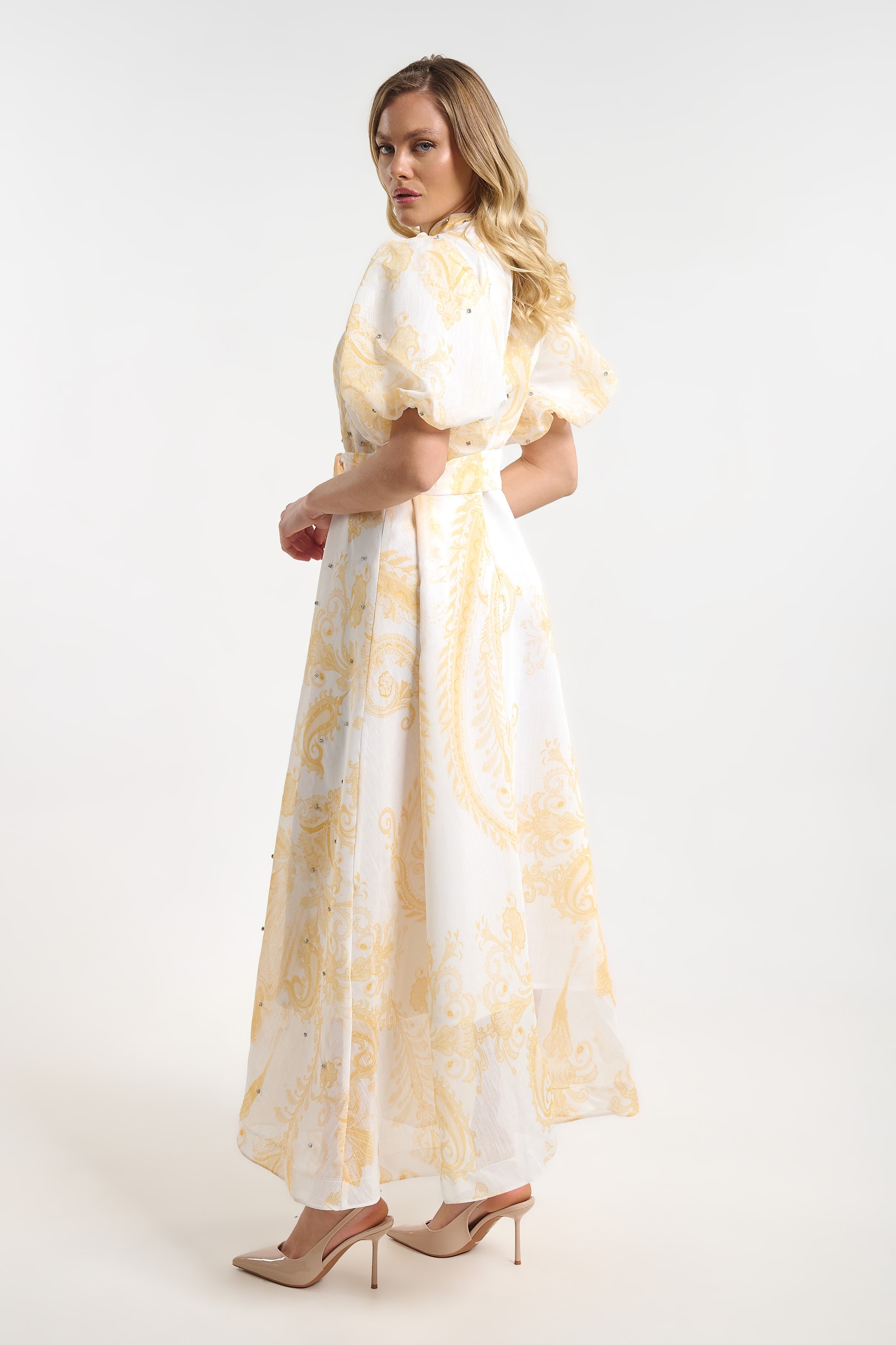 Long Printed Dress with Puff Sleeves for Women