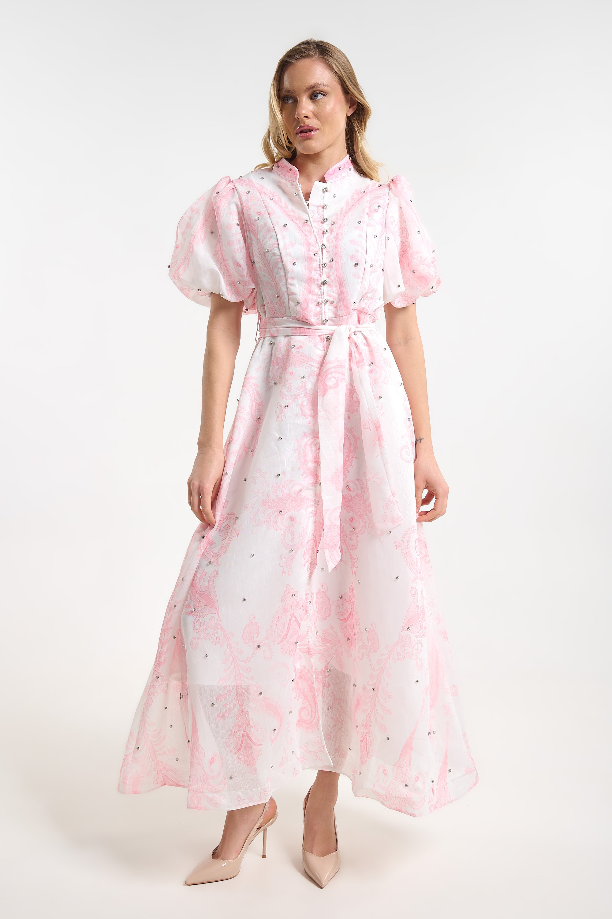 Long Printed Dress with Puff Sleeves for Women