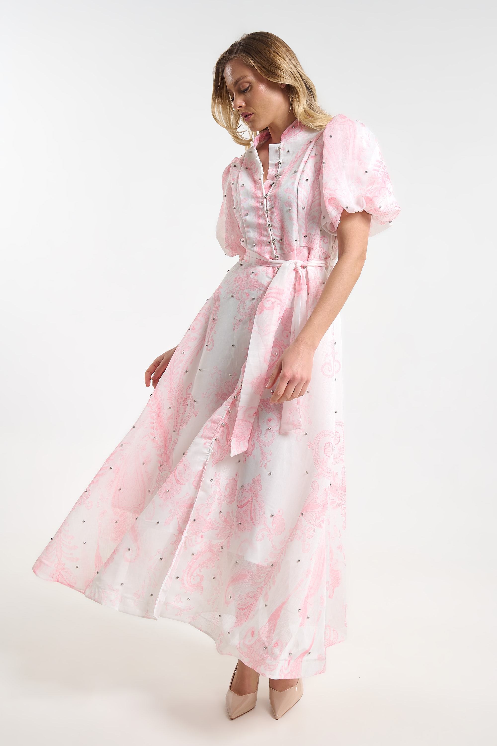 Long Printed Dress with Puff Sleeves for Women