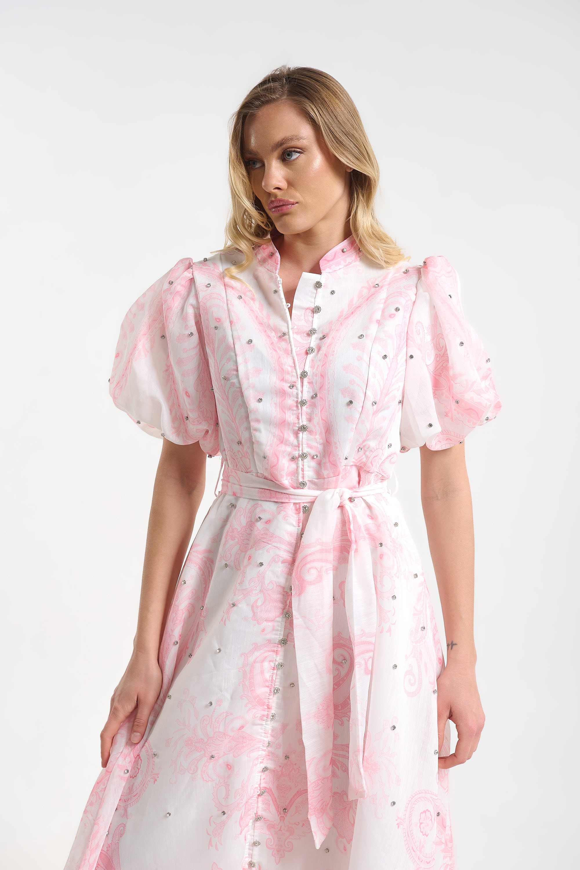 Long Printed Dress with Puff Sleeves for Women