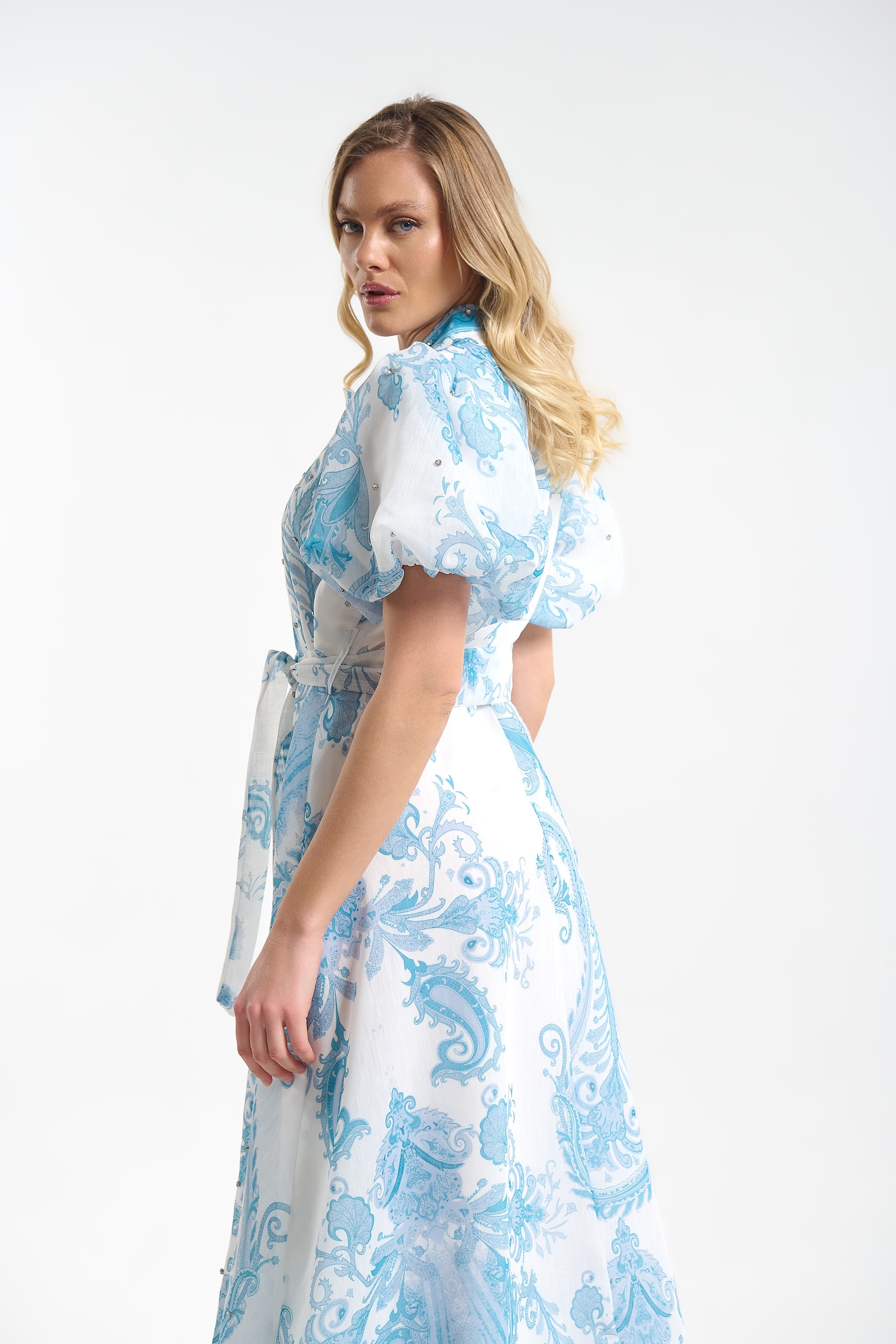 Long Printed Dress with Puff Sleeves for Women
