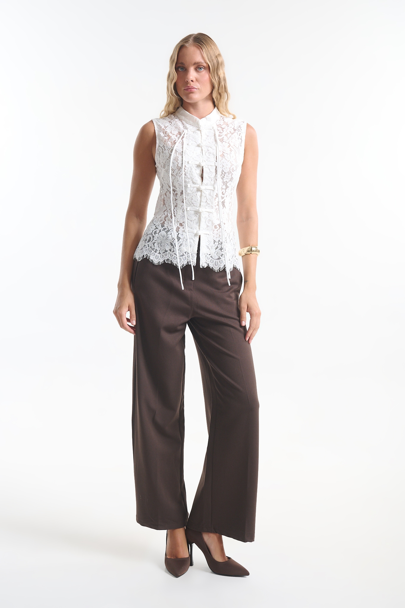 Sleeveless Lace Top with Mandarin Collar & Chinese Knot Closures