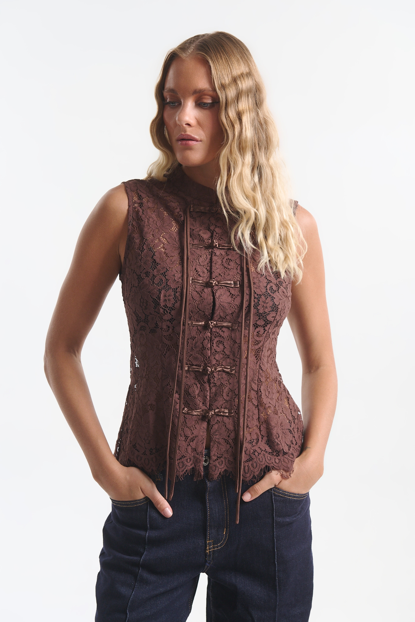 Sleeveless Lace Top with Mandarin Collar & Chinese Knot Closures