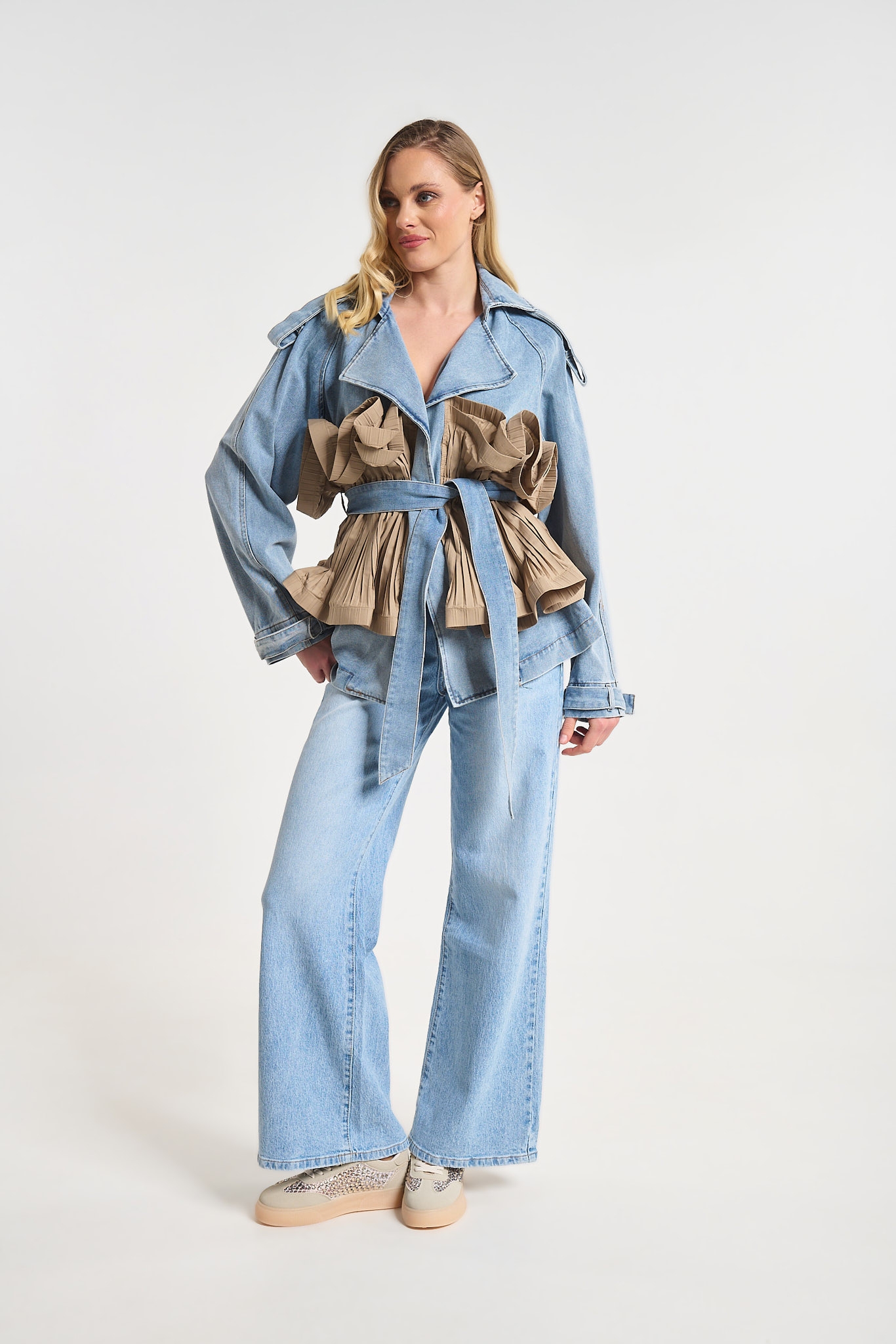 Denim Jacket with Pleated Ruffle Detail