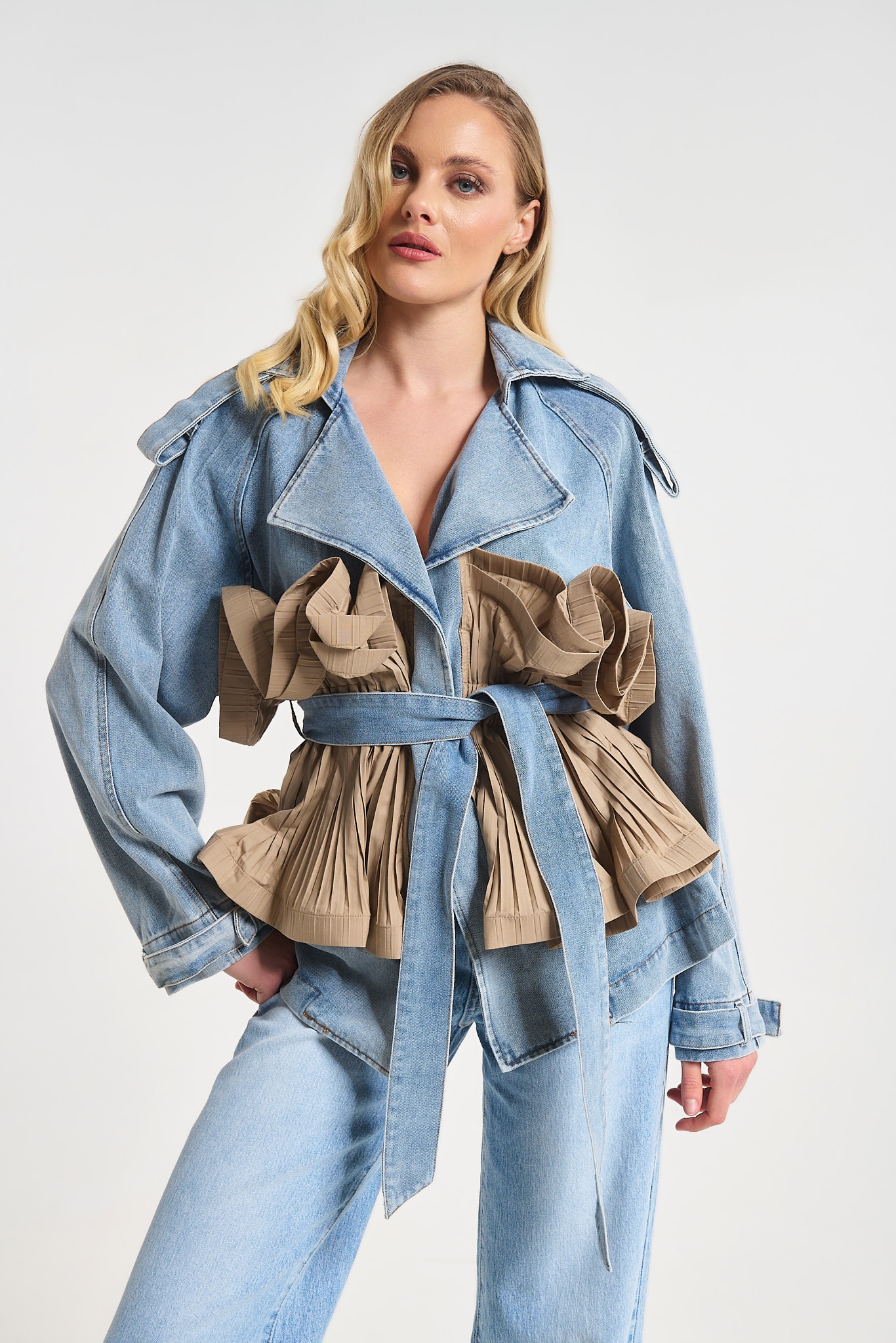 Denim Jacket with Pleated Ruffle Detail
