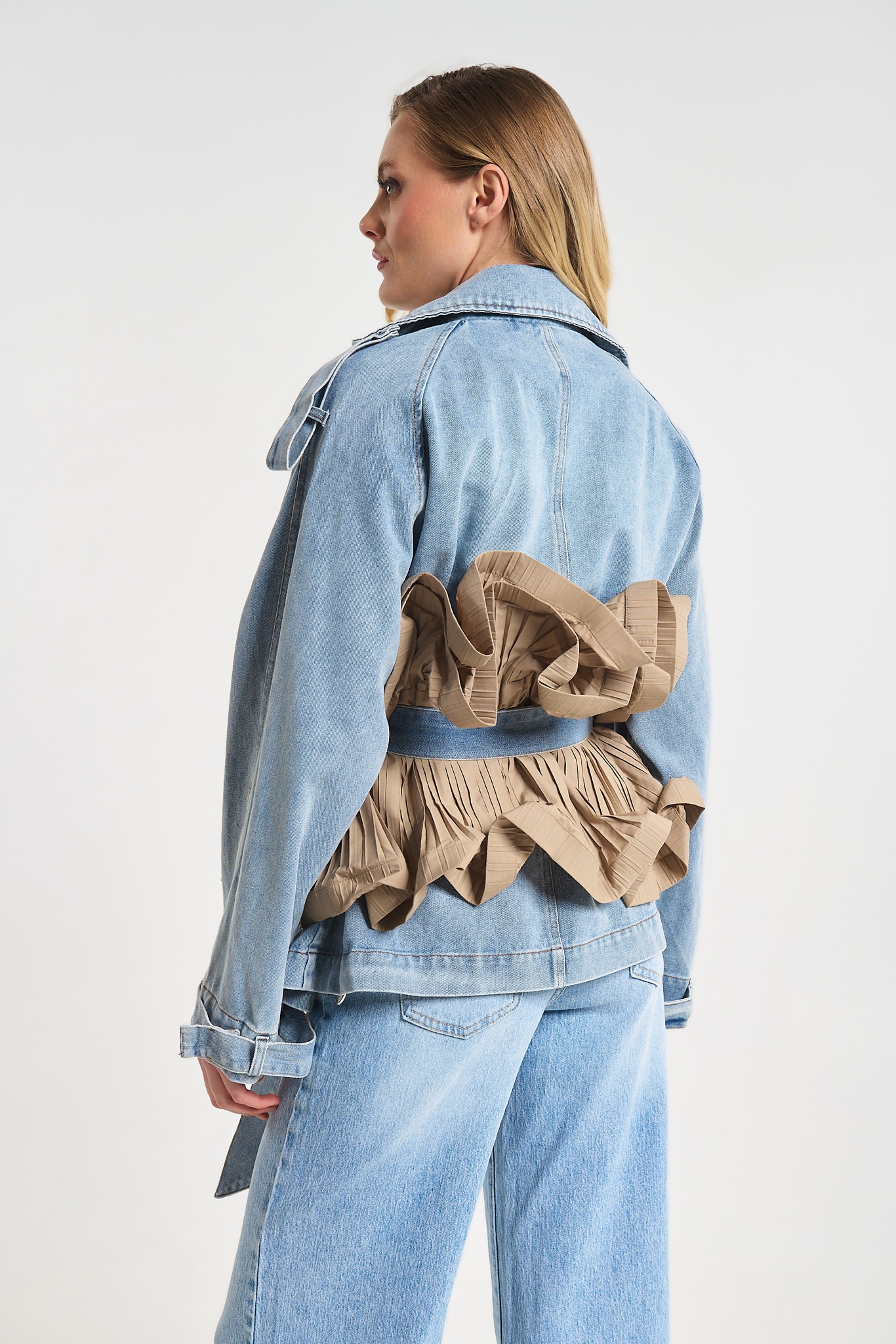 Denim Jacket with Pleated Ruffle Detail