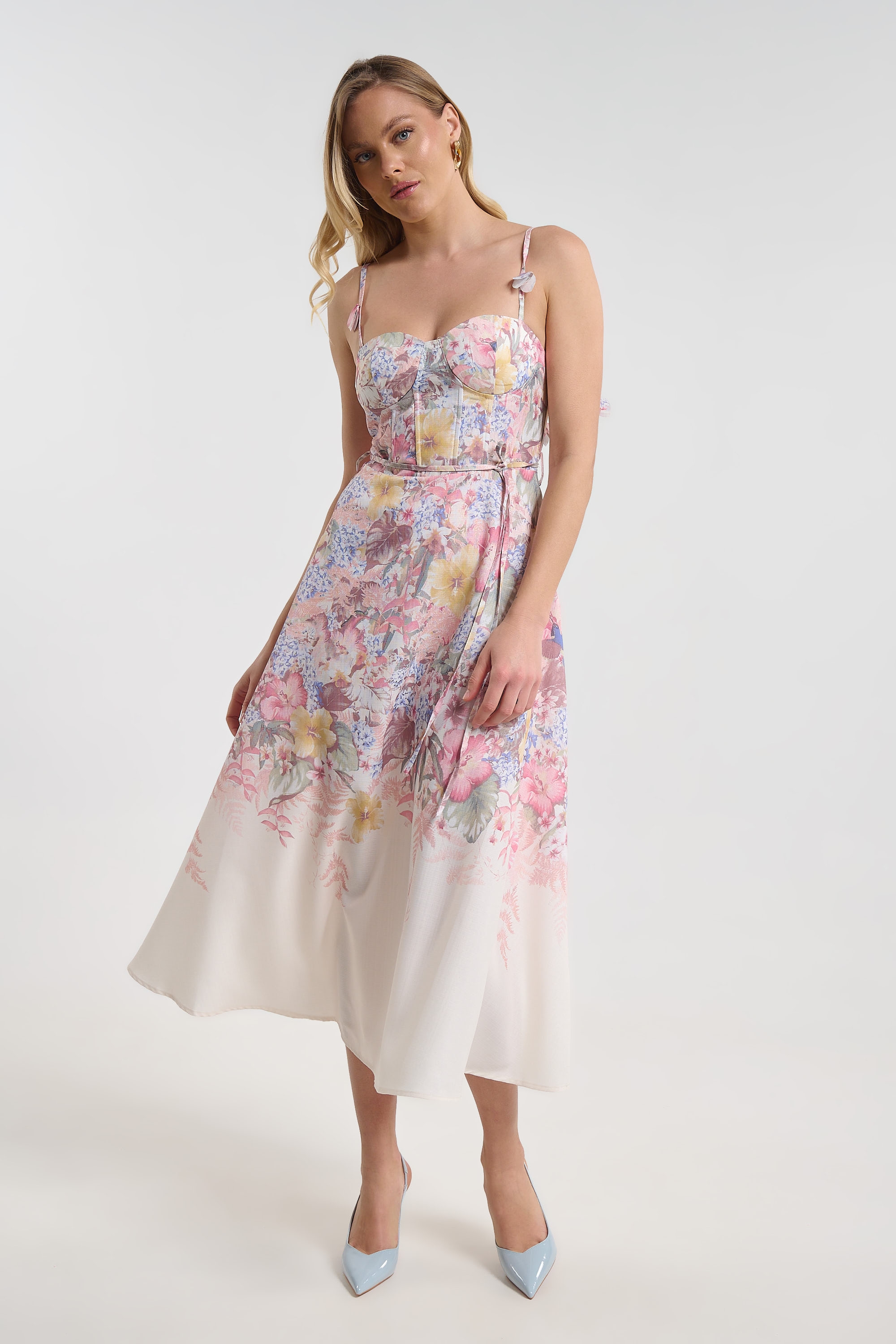 Floral Flared Dress with Tie Straps for Women