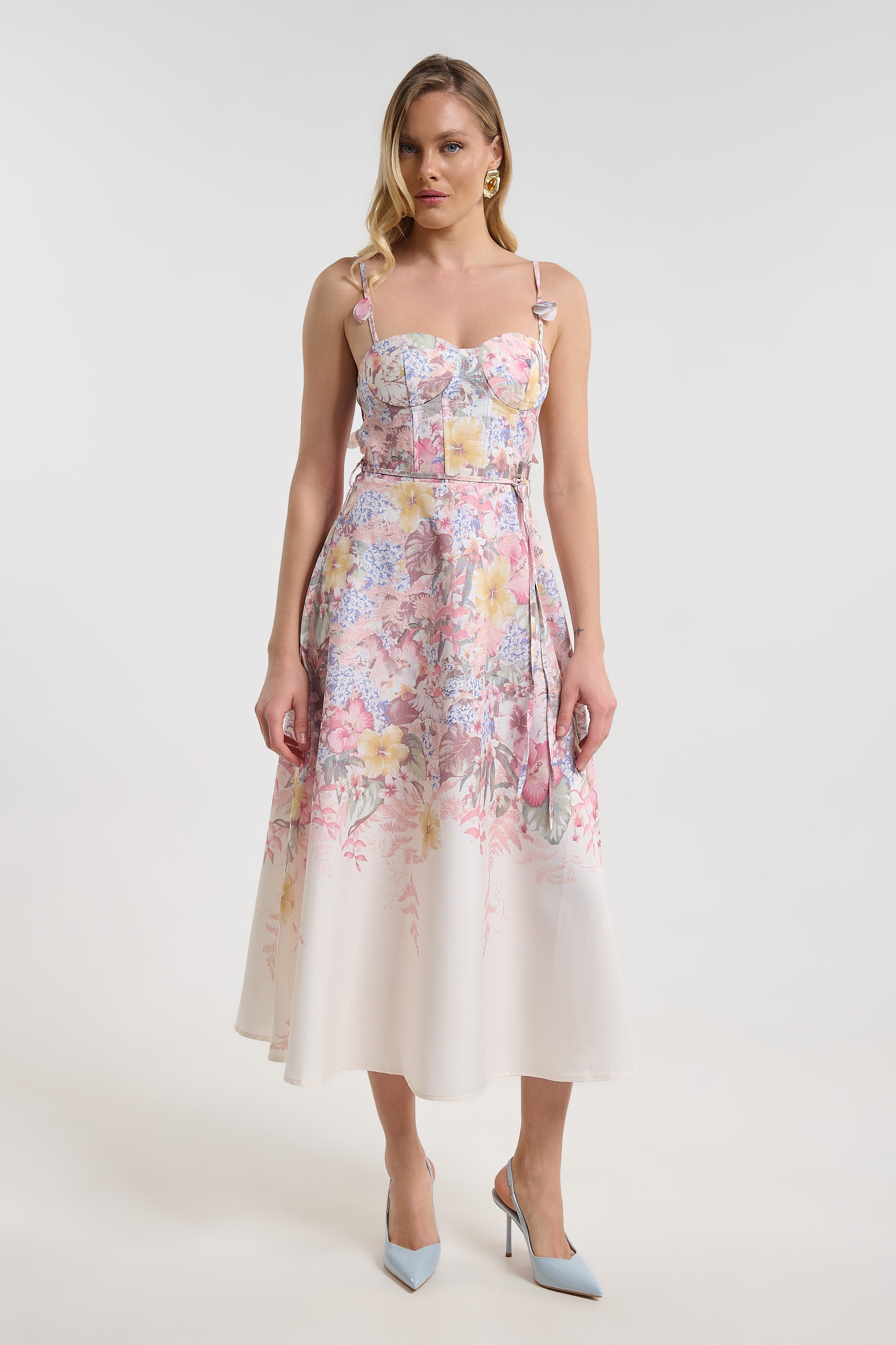 Floral Flared Dress with Tie Straps for Women