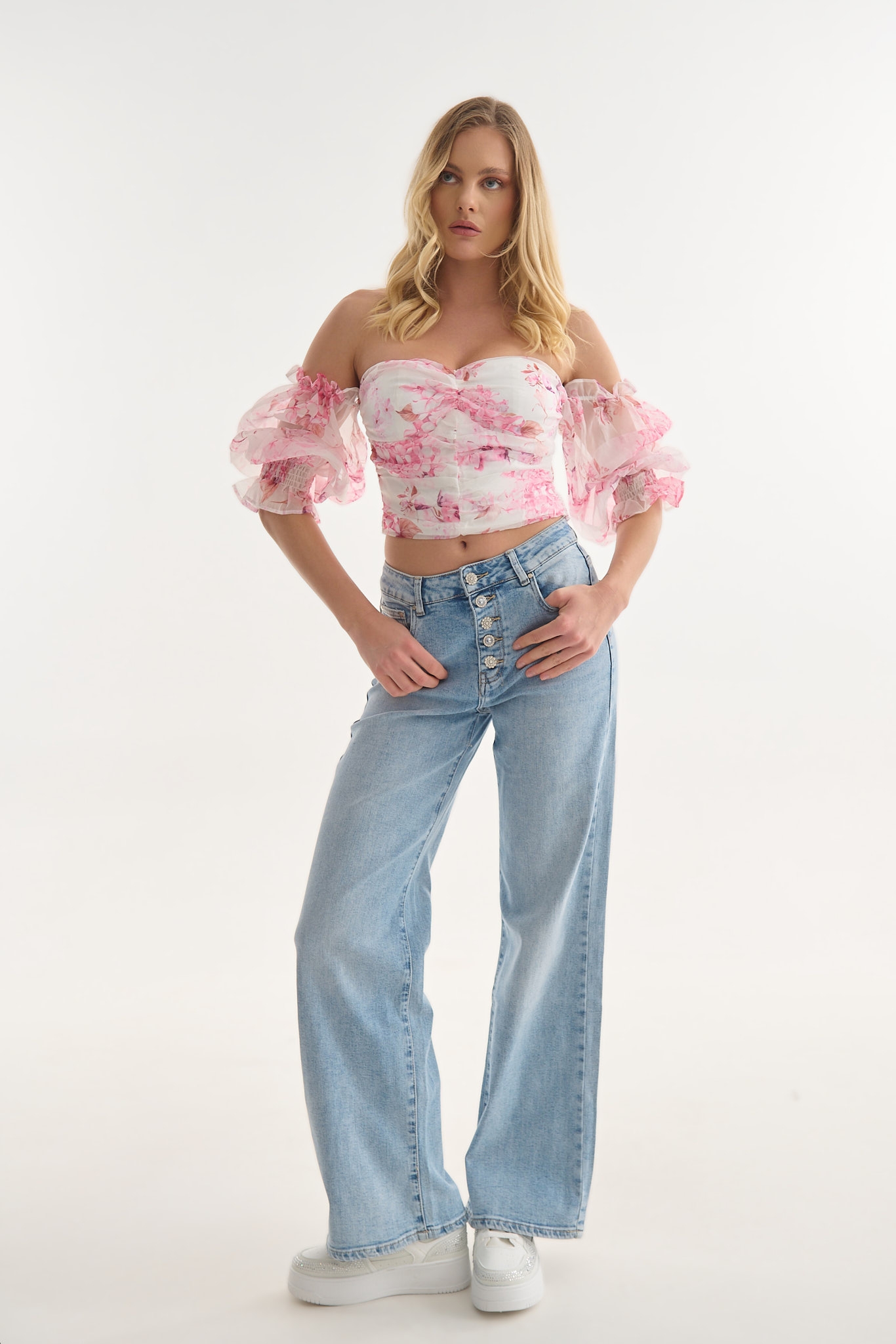 Crop Top Φλοράλ με Ώμους Έξω