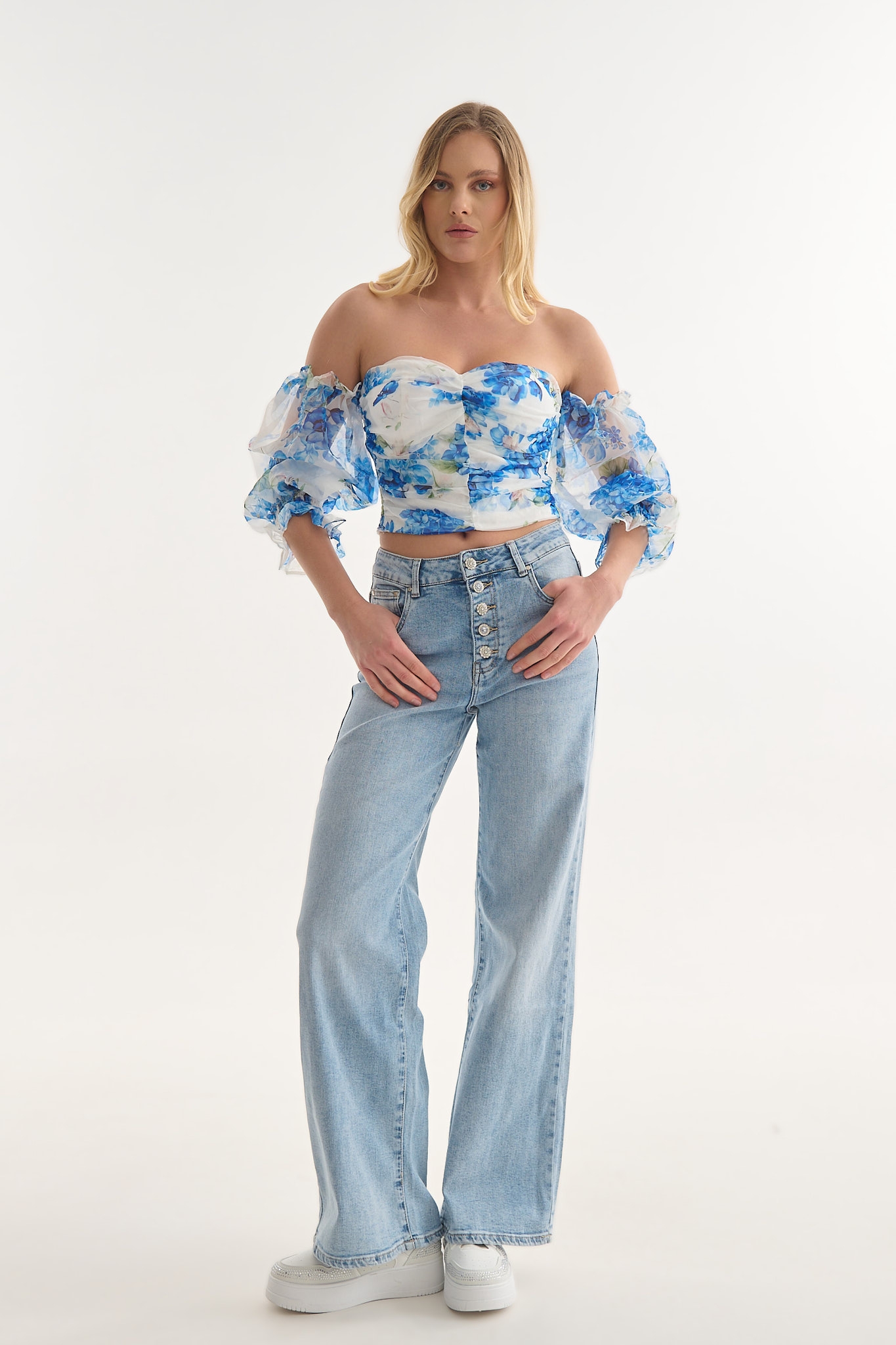 Crop Top Φλοράλ με Ώμους Έξω