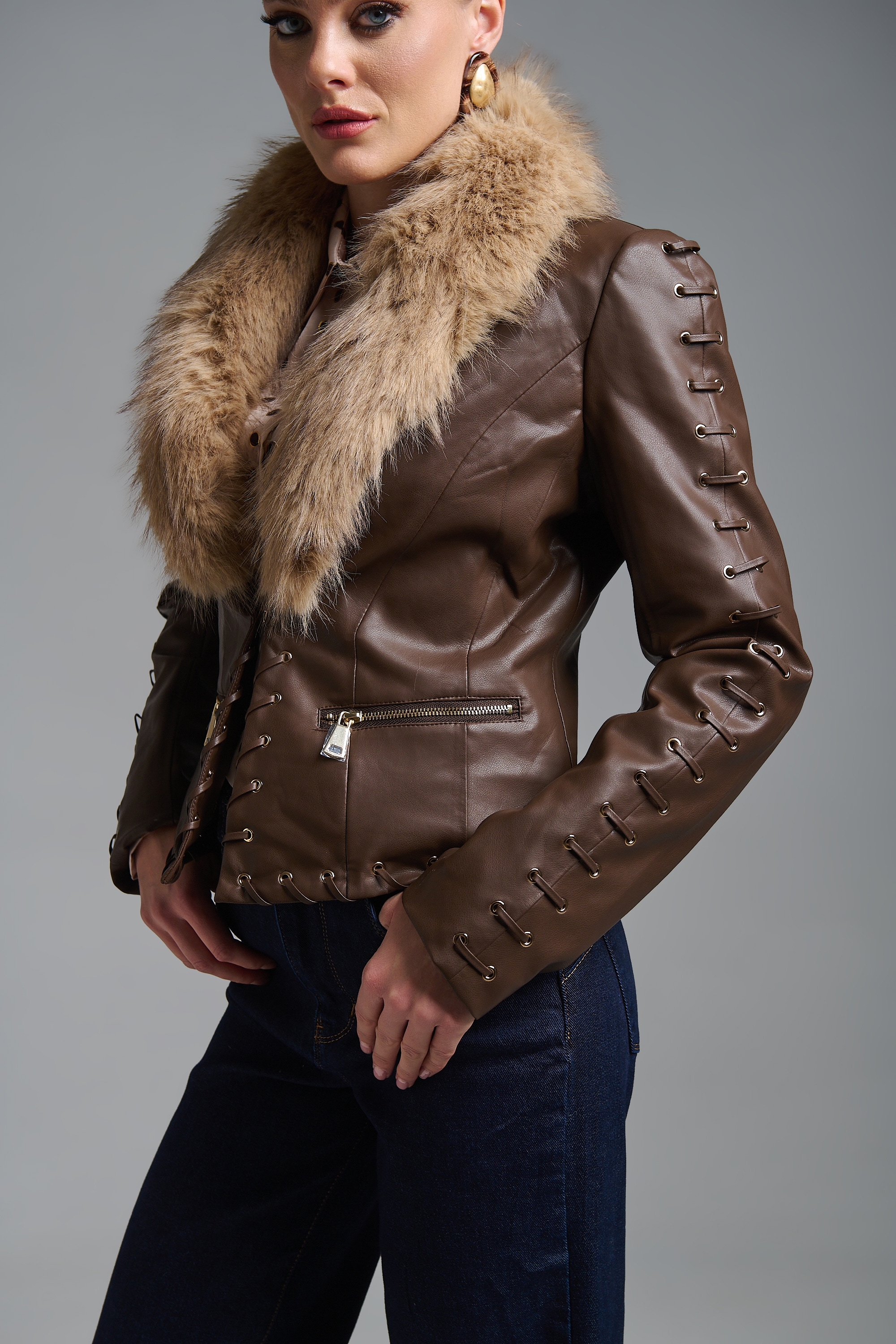 Δερμάτινο Γούνα Γιακά Κορσέ Μανίκι