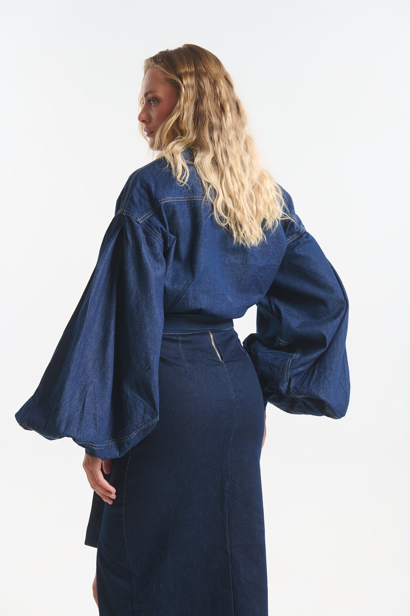 Cropped Denim Shirt with Balloon Sleeves & Tie Detail