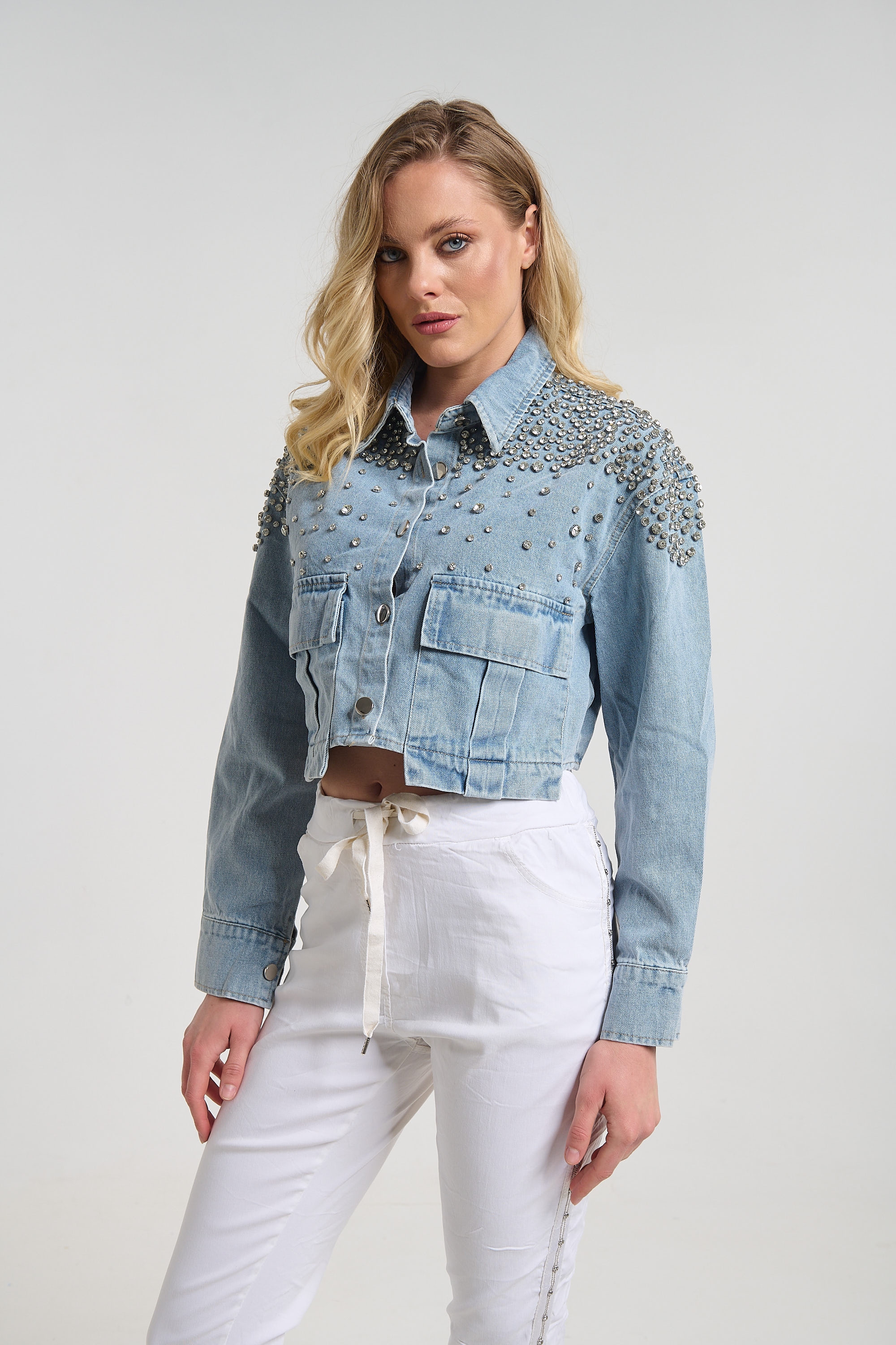 Rhinestone Embellished Denim Jacket with Pockets