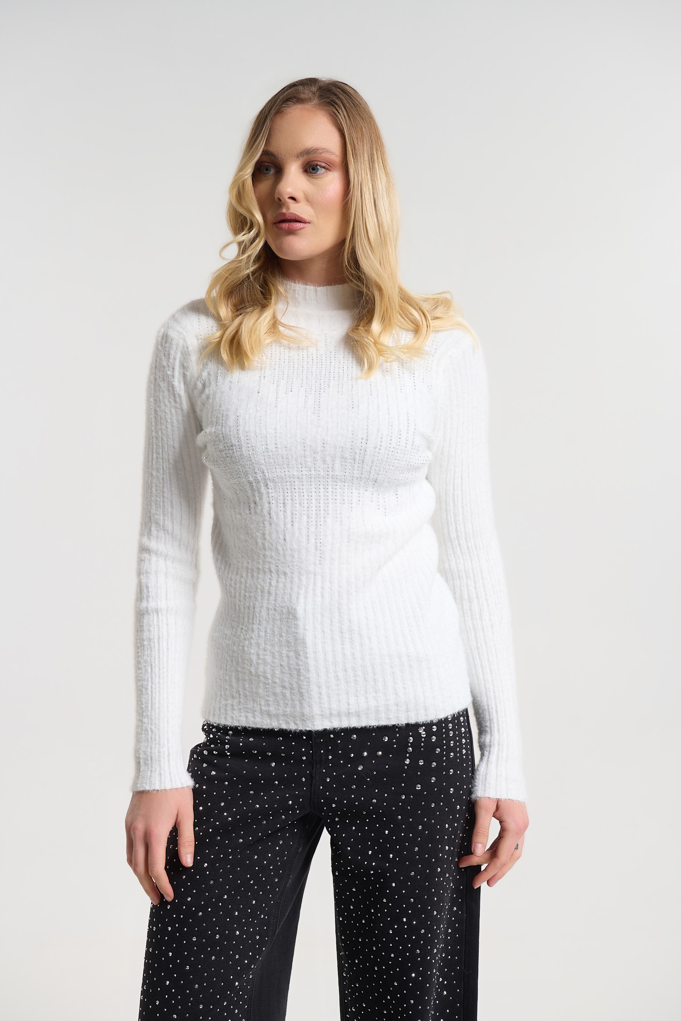 Μπλούζα Mohair με Στρας & Ψηλό Γιακά