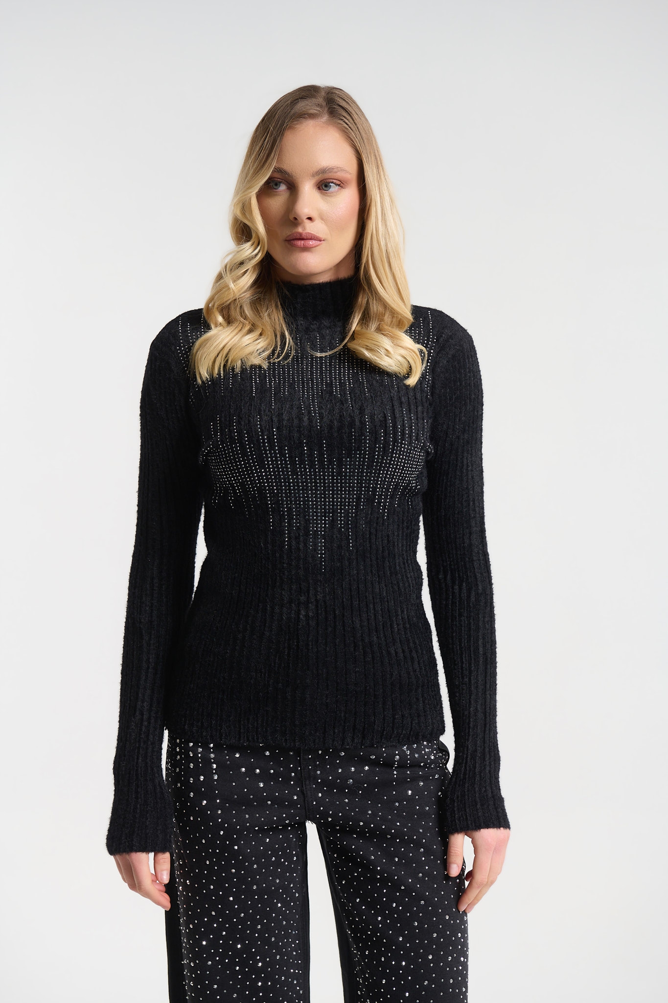 Mohair Top Rhinestones High Collar