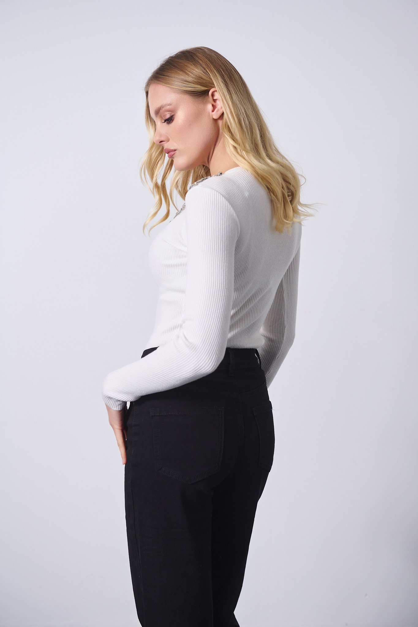 Rhinestoned Long-Sleeved Blouse