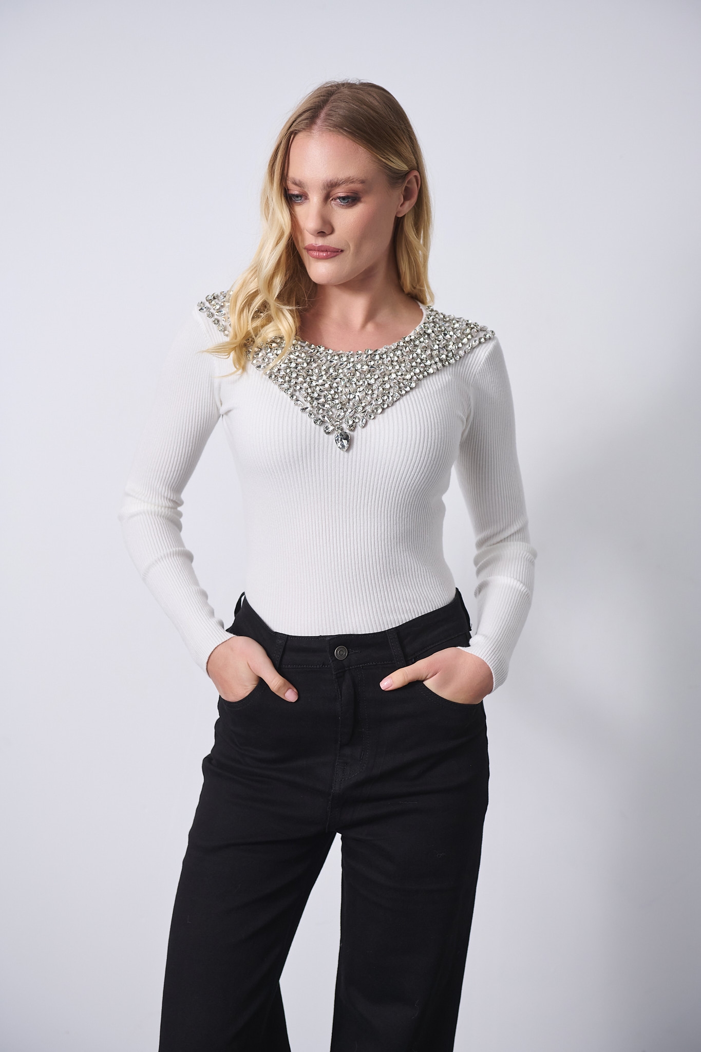 Rhinestoned Long-Sleeved Blouse