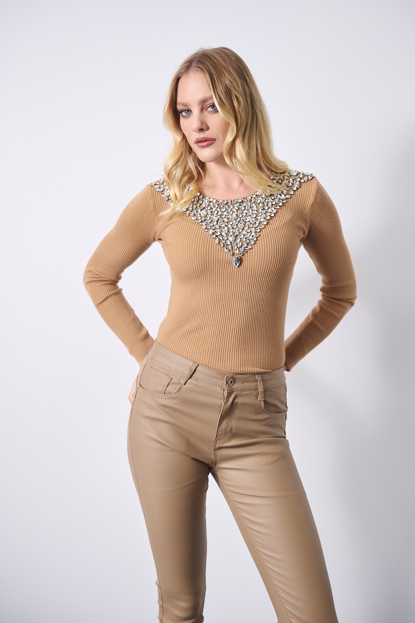 Rhinestoned Long-Sleeved Blouse