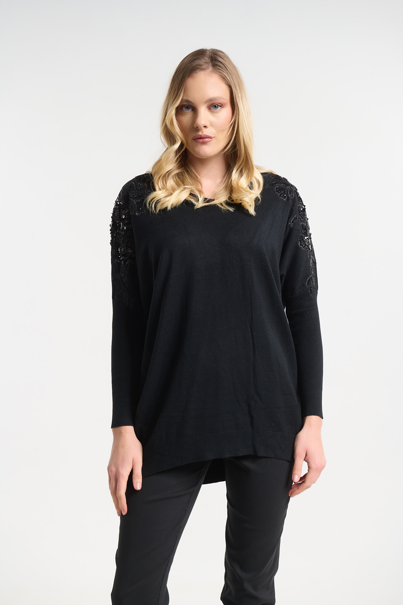 Oversized Top Embroidered Flowers Shoulder