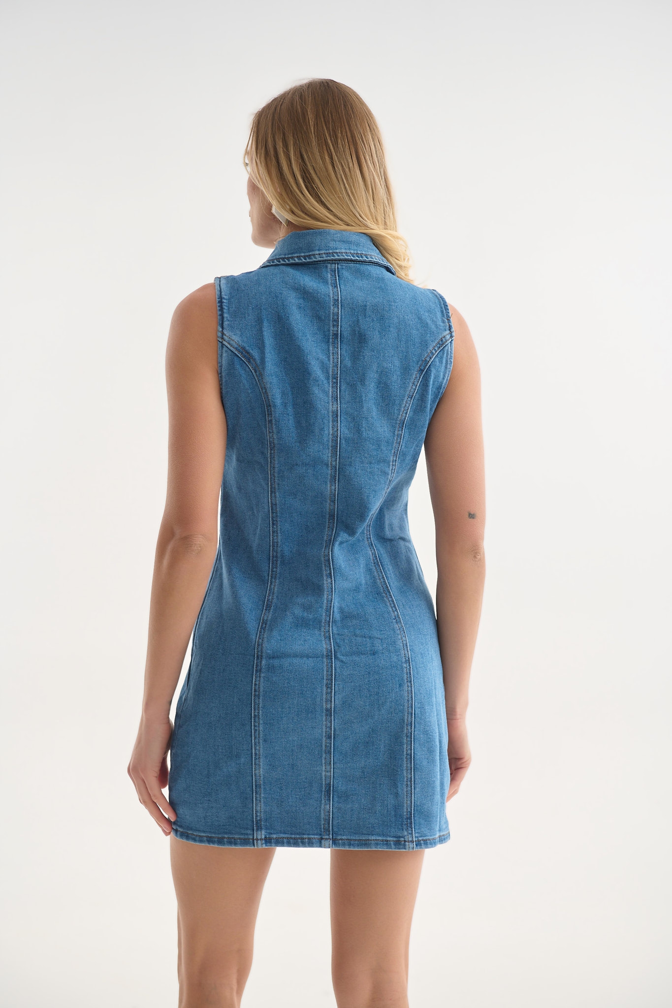 Short Sleeveless Denim Dress with Gold Buttons