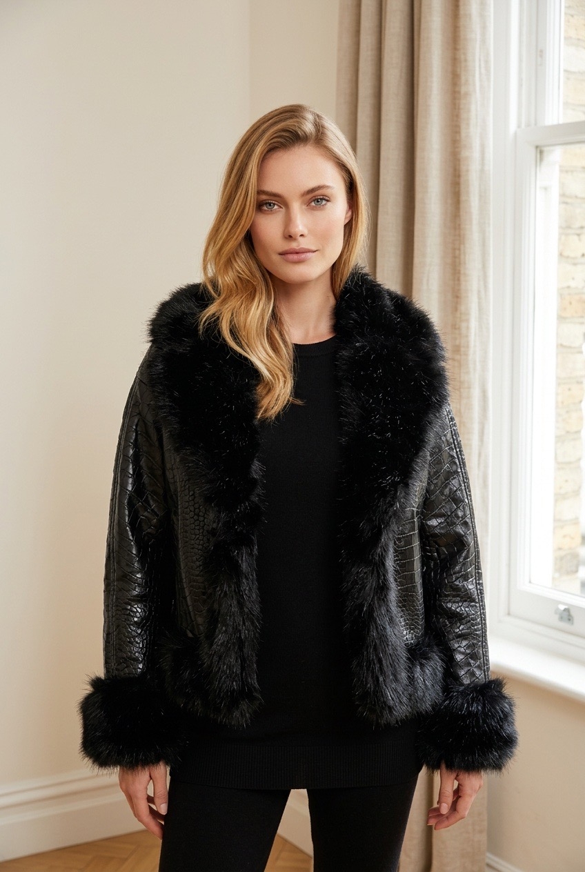 Faux Leather Jacket with Faux Fur & Belt