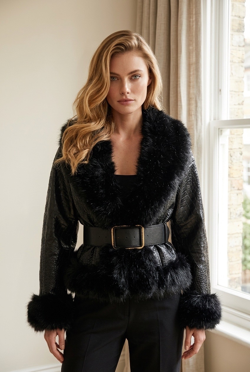 Faux Leather Jacket with Faux Fur & Belt
