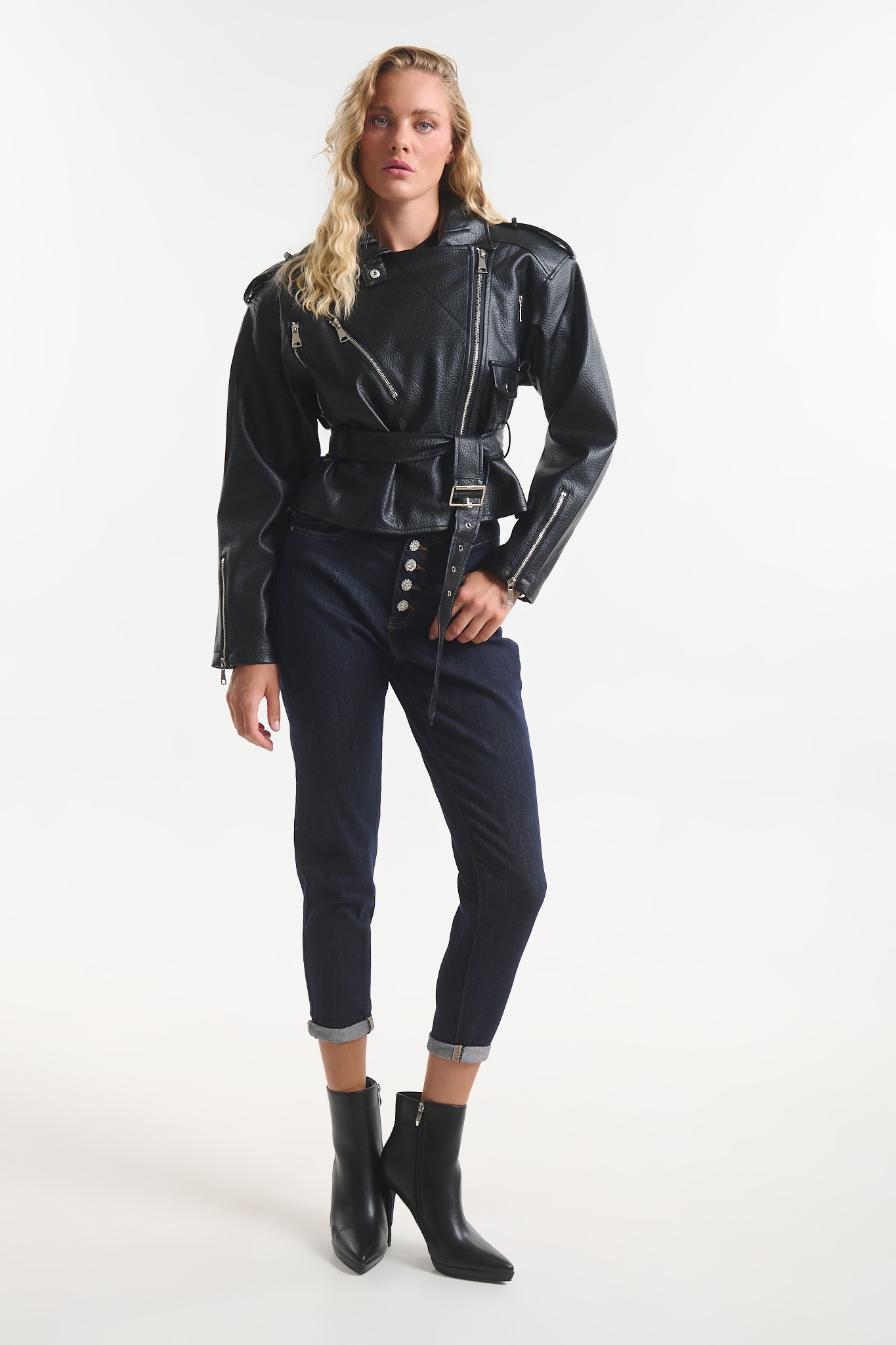 Faux Leather Biker Jacket with Belt & Zip