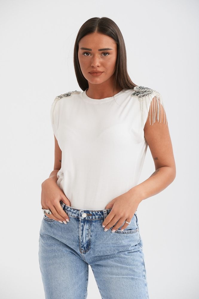T-Shirt Με Διακοσμητικές Πέτρες Στον Ώμο
