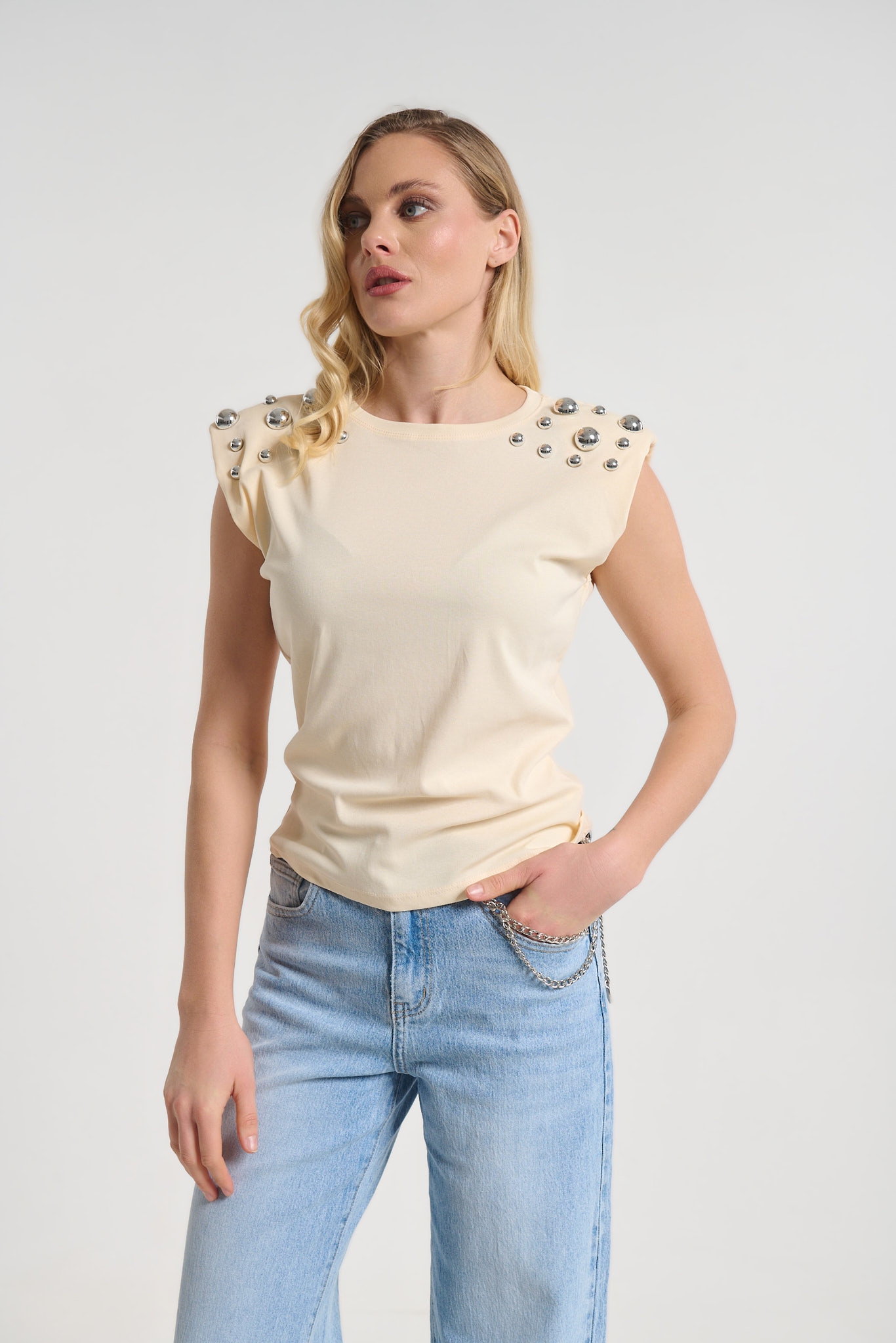 Top with Metallic Stud Shoulder Detail