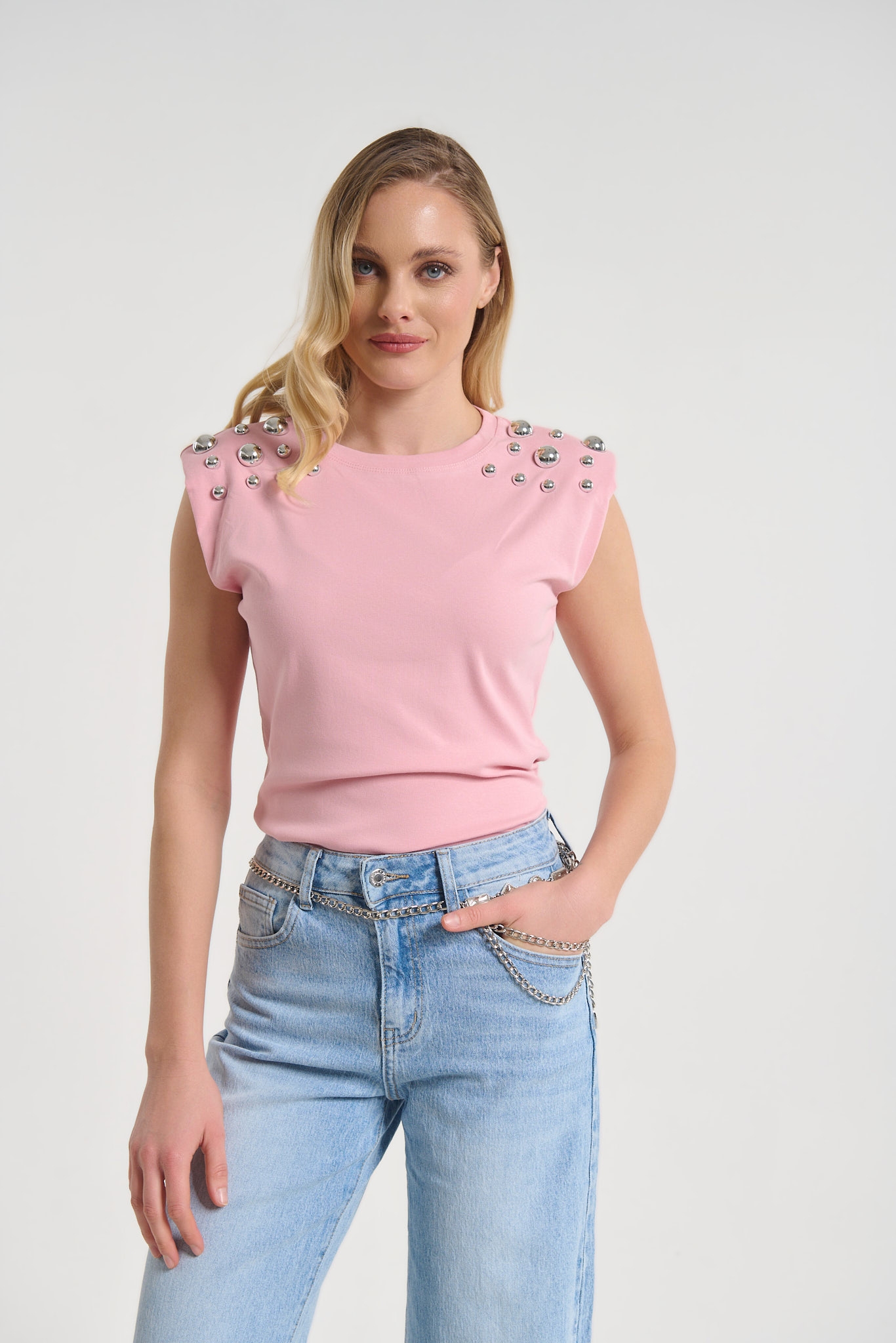 Top with Metallic Stud Shoulder Detail