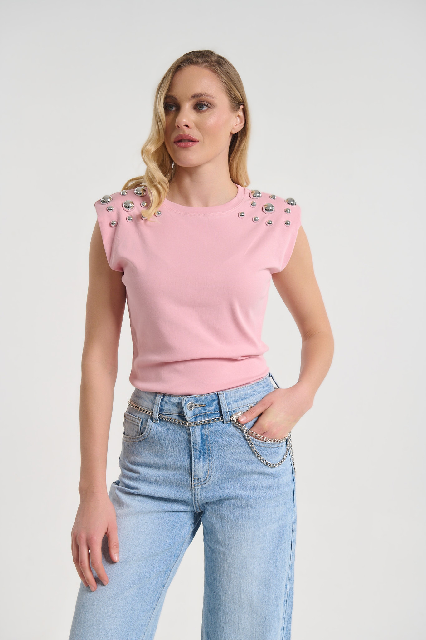 Top with Metallic Stud Shoulder Detail