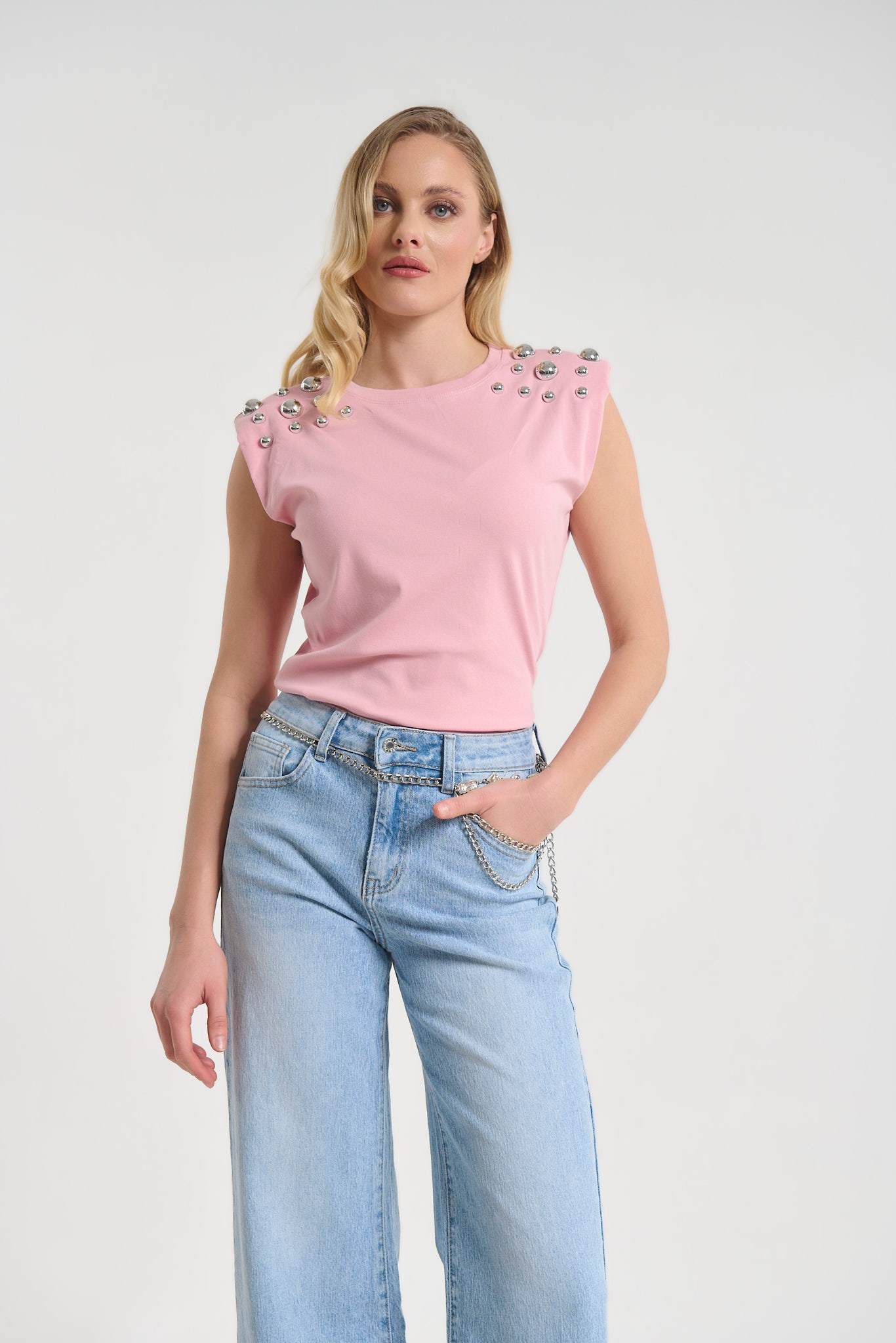 Top with Metallic Stud Shoulder Detail