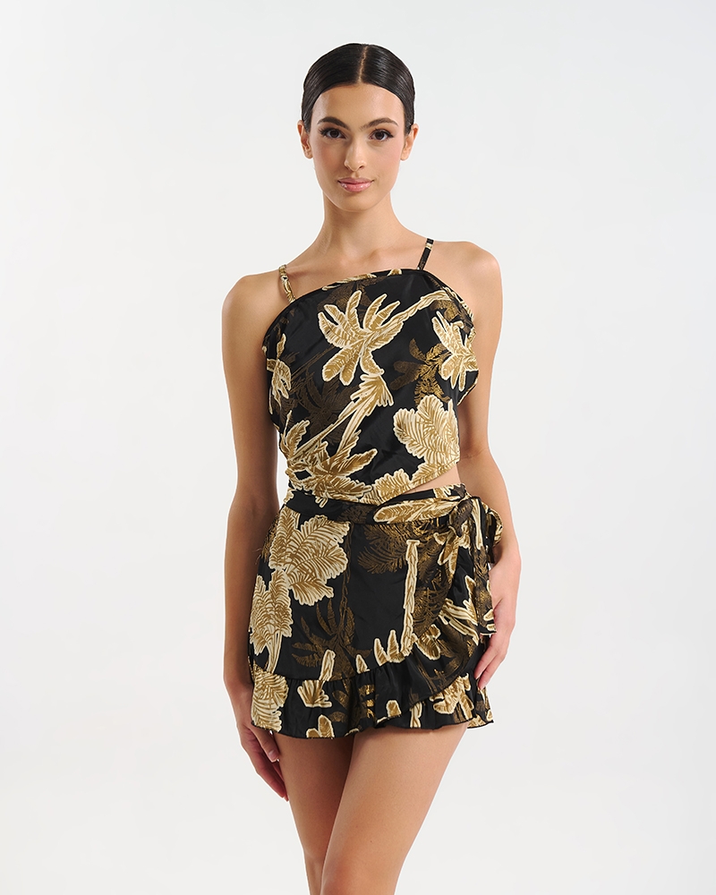 Ble Collection Tie Top with Tropical Print Satin Silk Effect