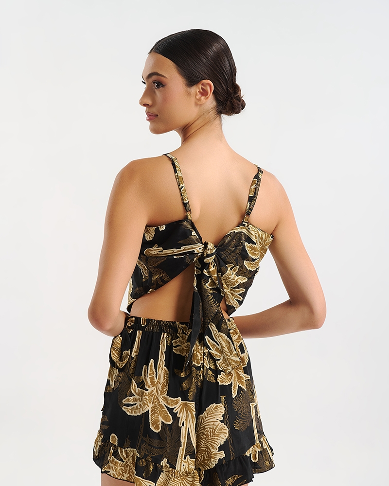 Ble Collection Tie Top with Tropical Print Satin Silk Effect