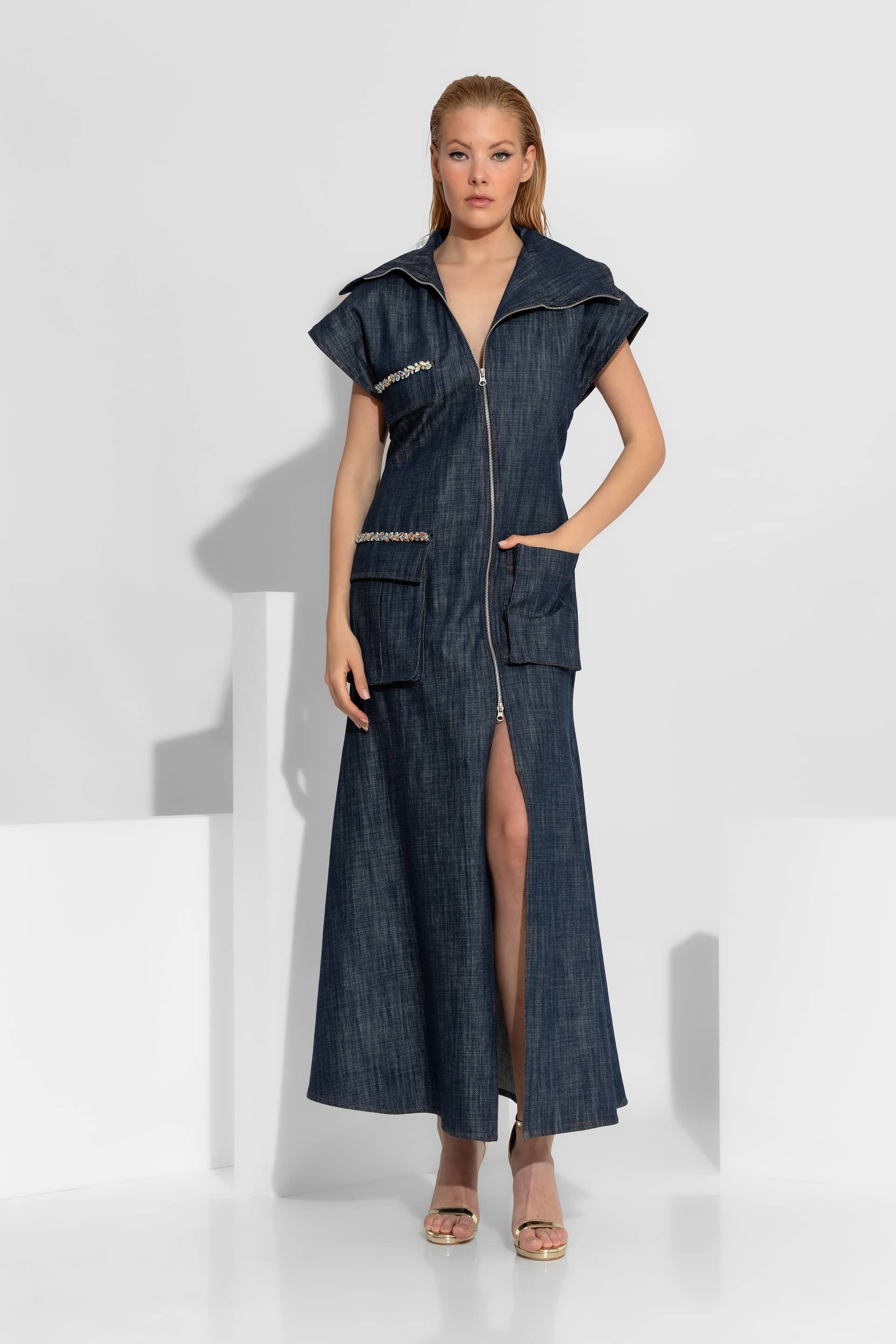 C-throu Collection Maxi Crystal-Embellished Denim Cargo Dress
