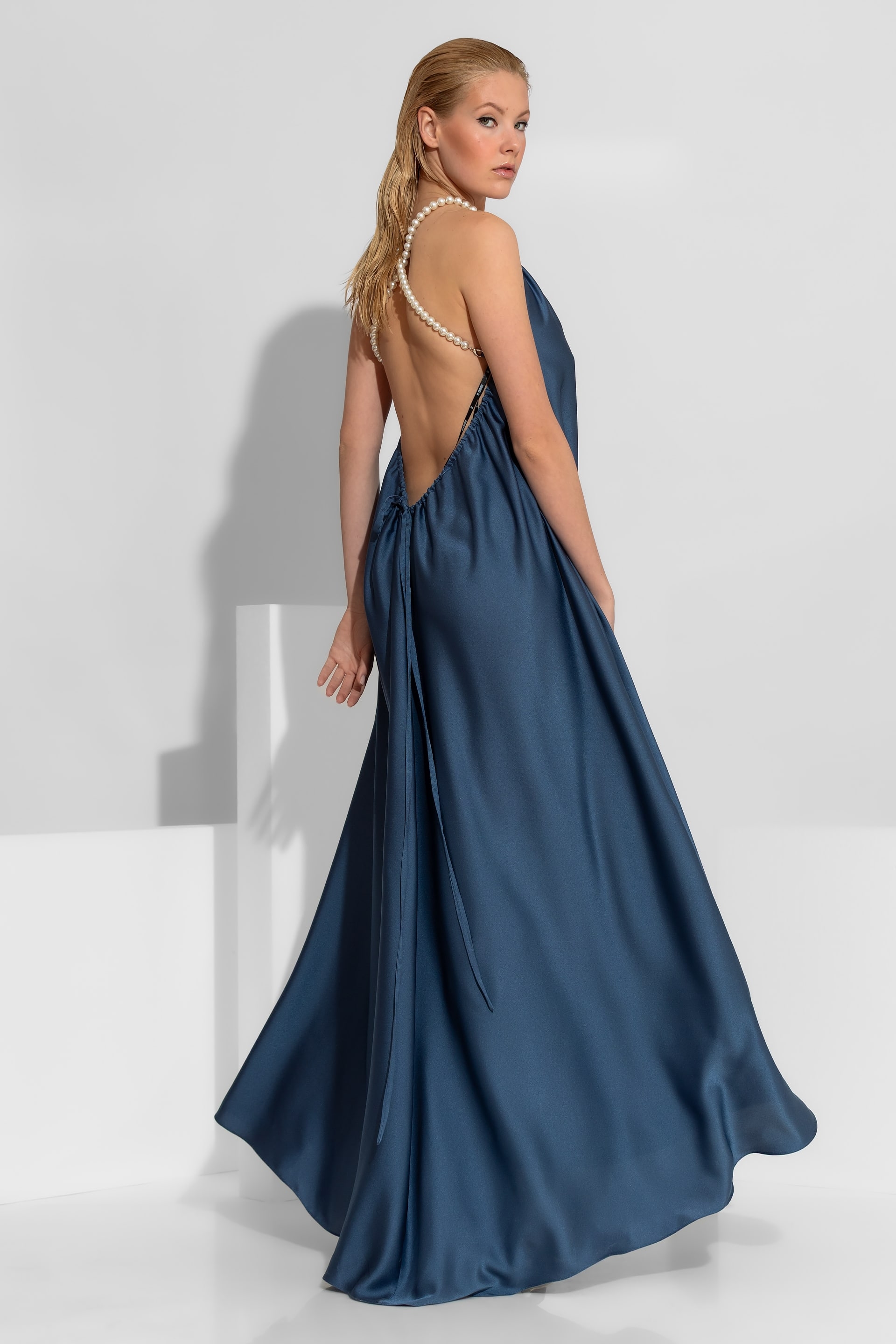 C-throu Pearl Embellished Open Back Satin Maxi Dress