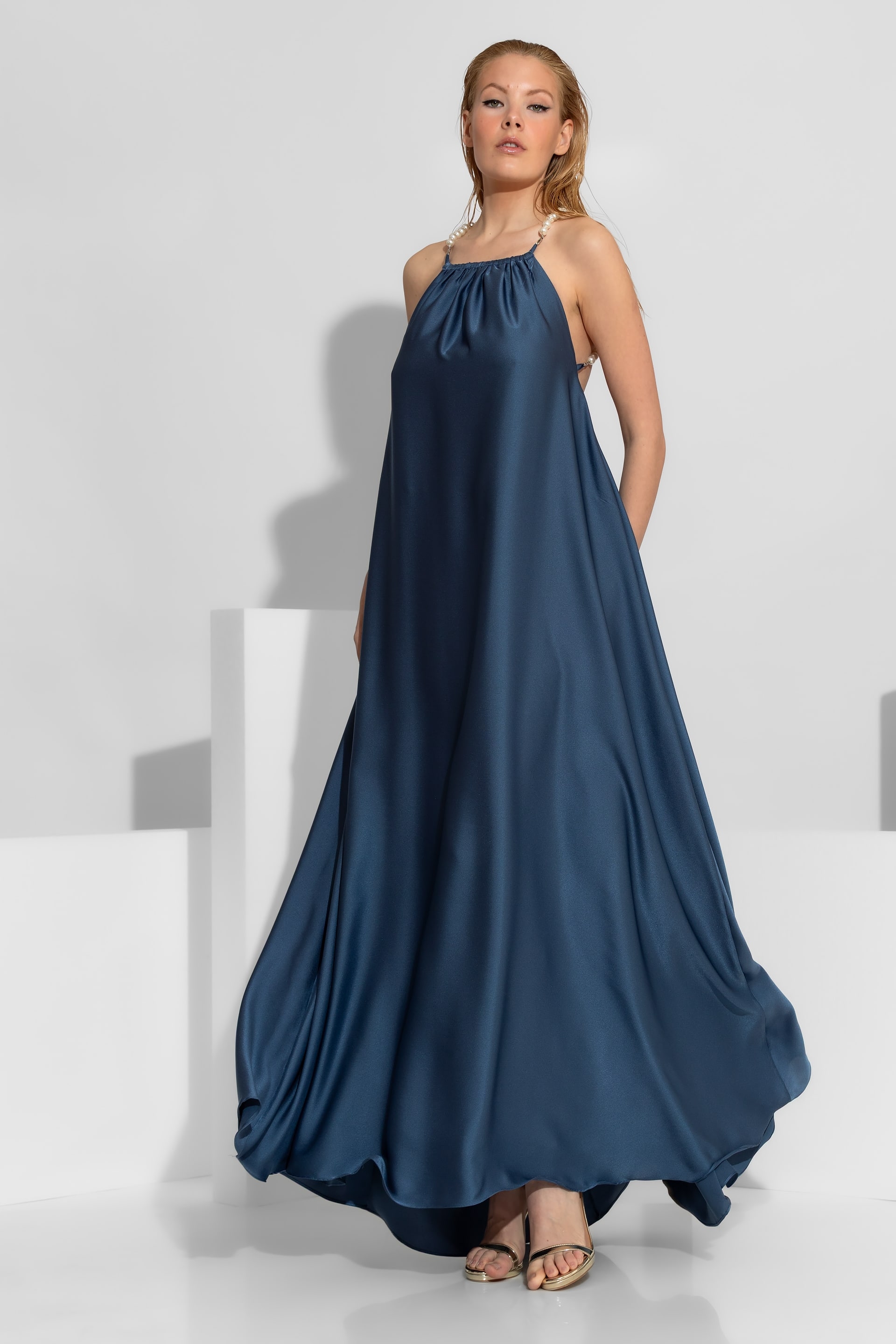 C-throu Pearl Embellished Open Back Satin Maxi Dress