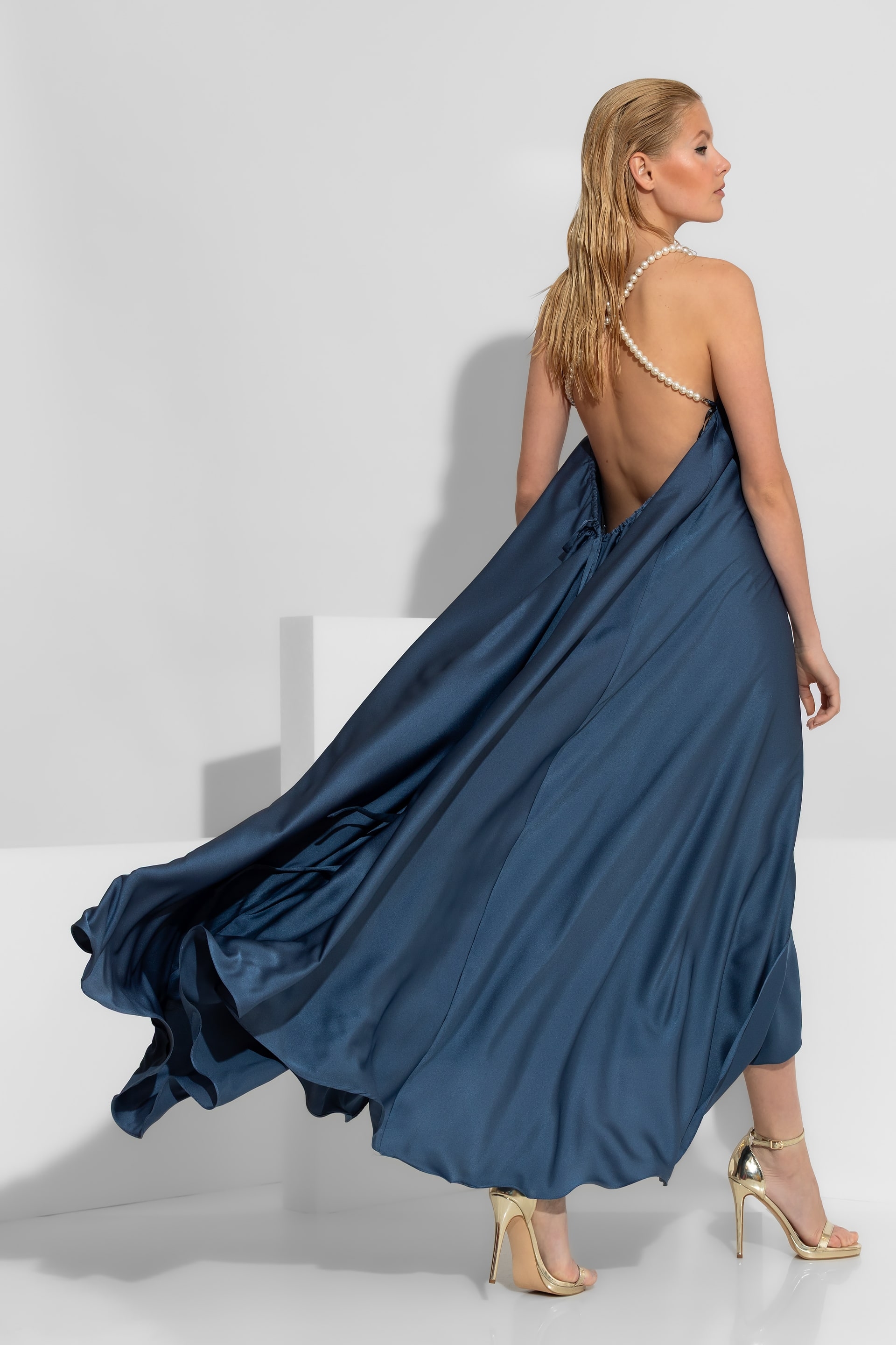 C-throu Pearl Embellished Open Back Satin Maxi Dress