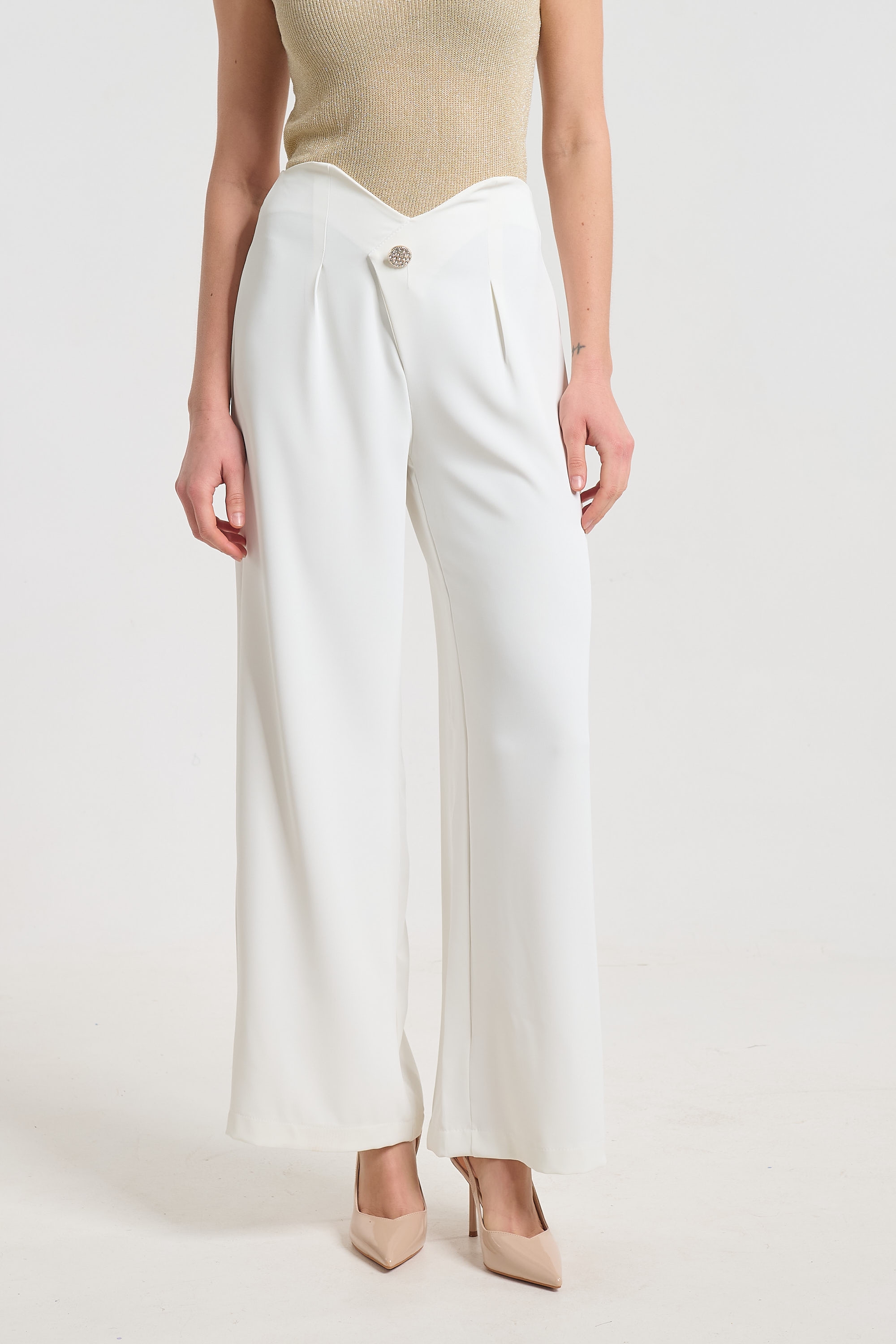 Kelly’s Elegant Pants with Rhinestone Button Detail