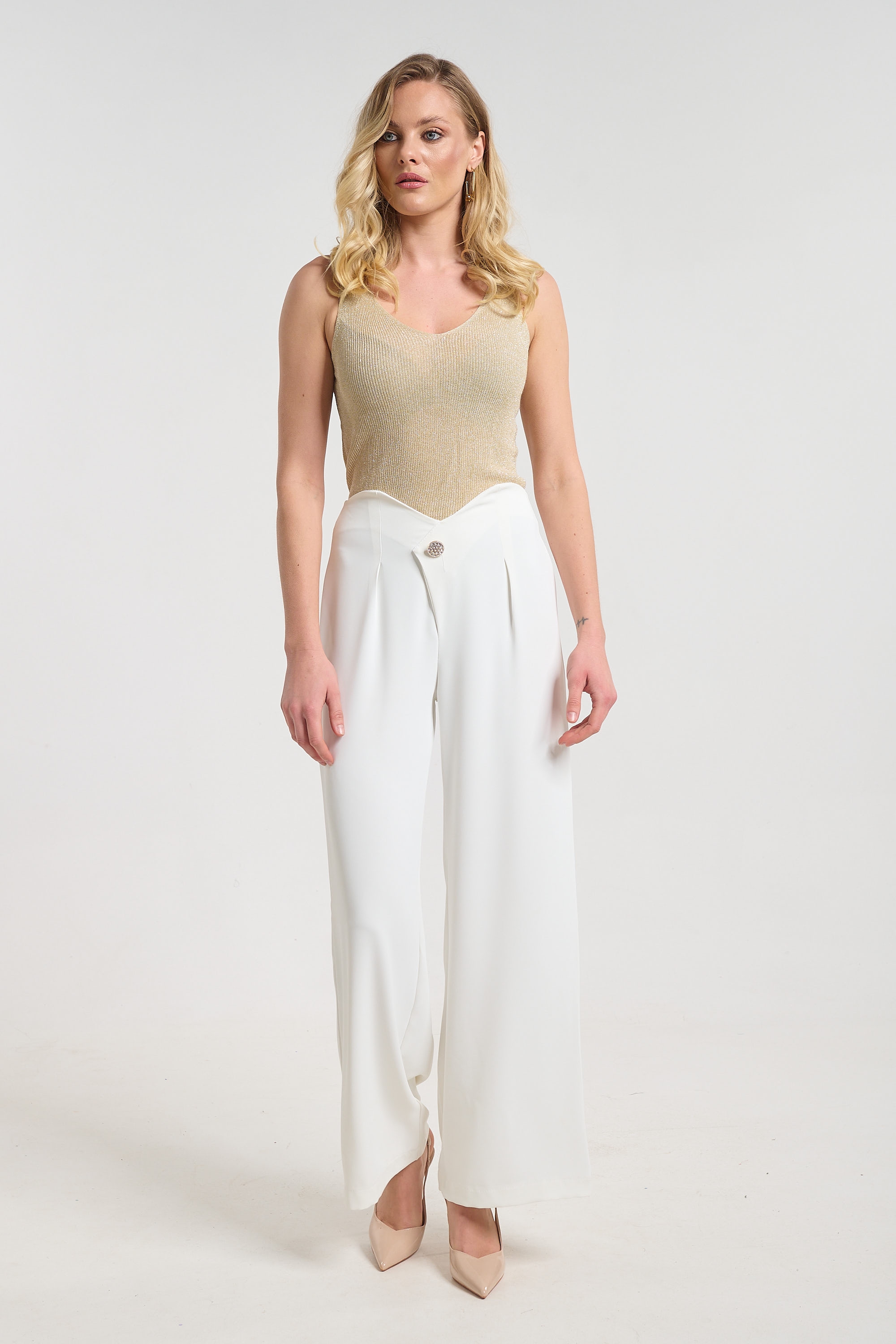 Kelly’s Elegant Pants with Rhinestone Button Detail