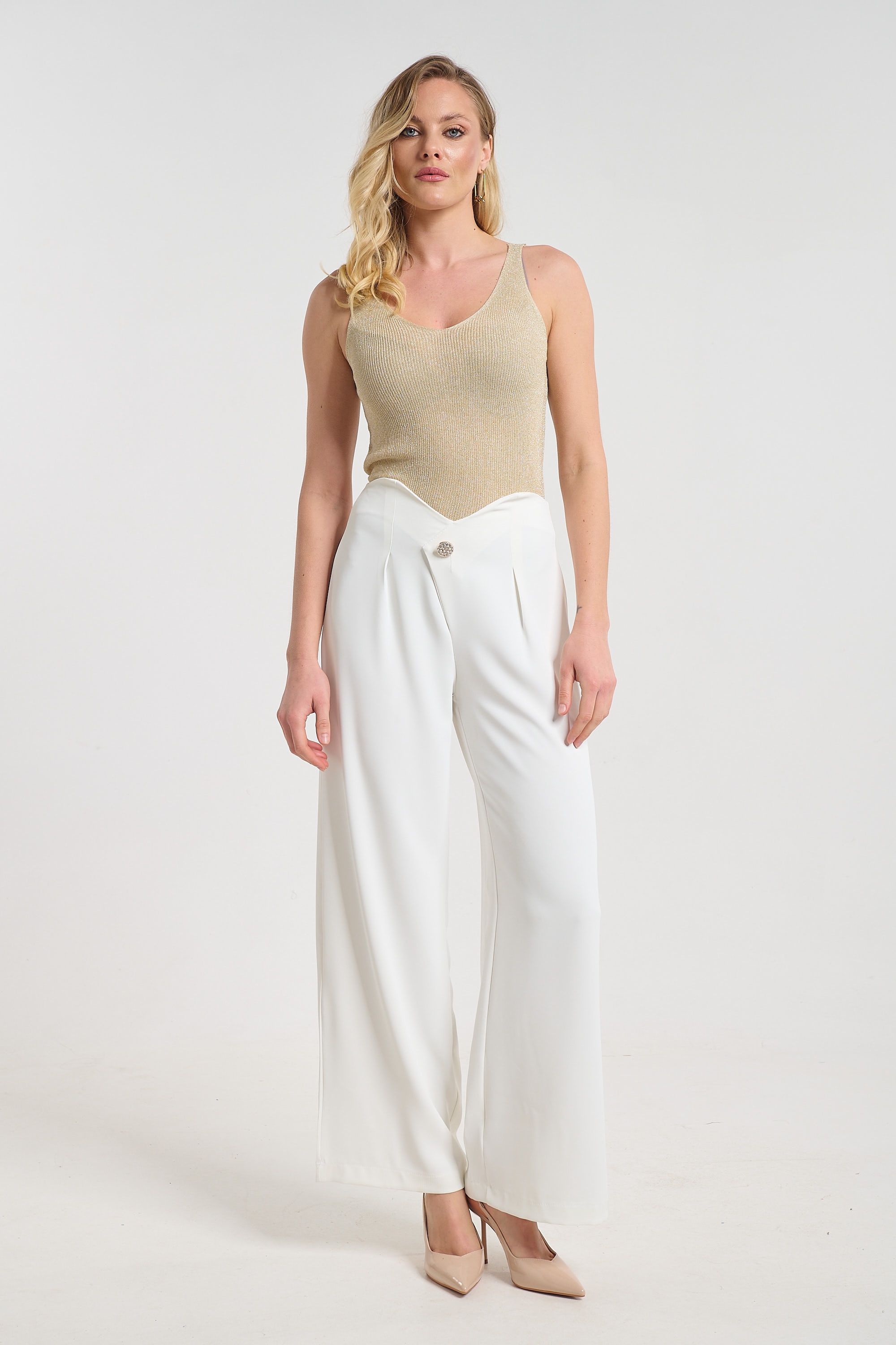 Kelly’s Elegant Pants with Rhinestone Button Detail