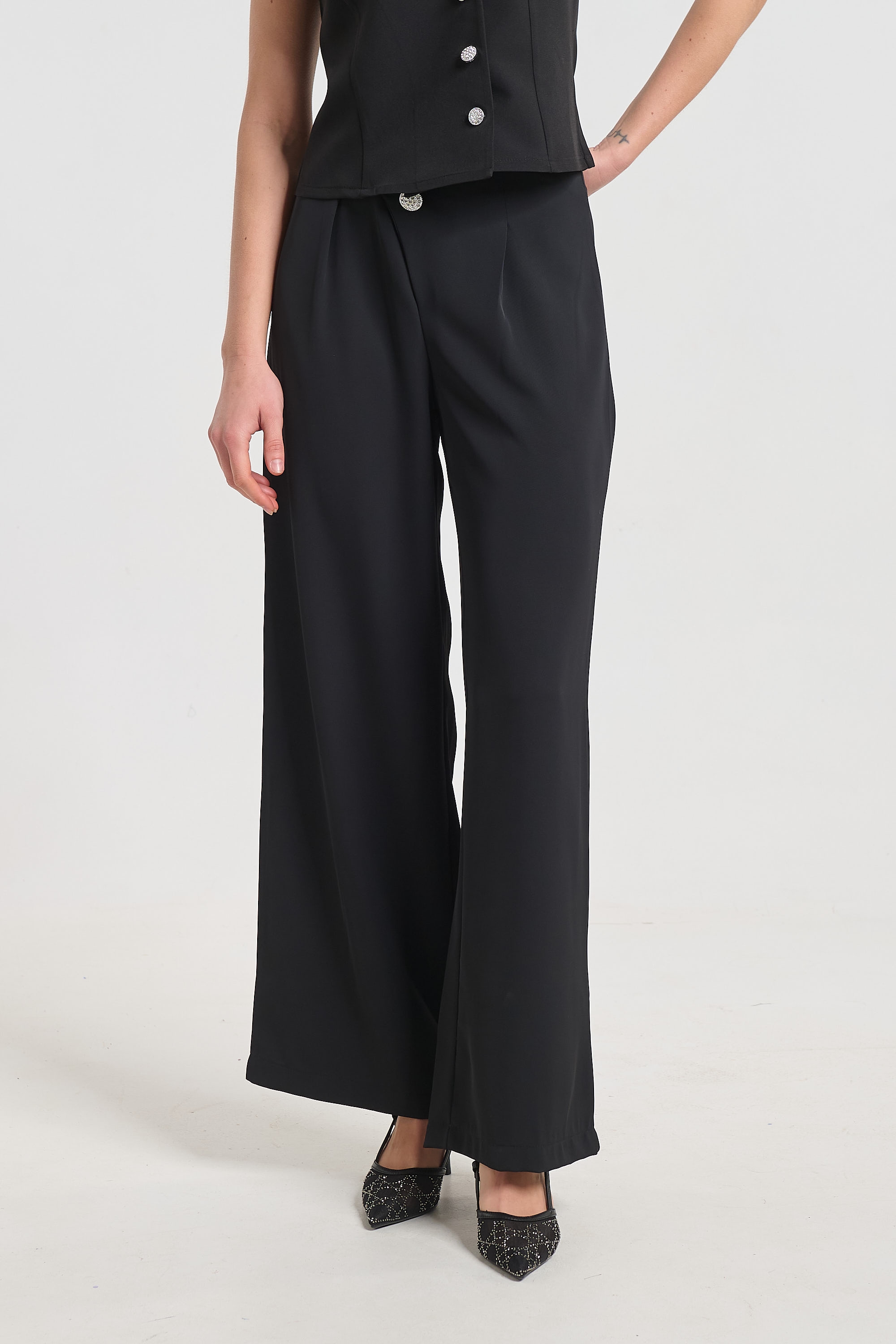 Kelly’s Elegant Pants with Rhinestone Button Detail