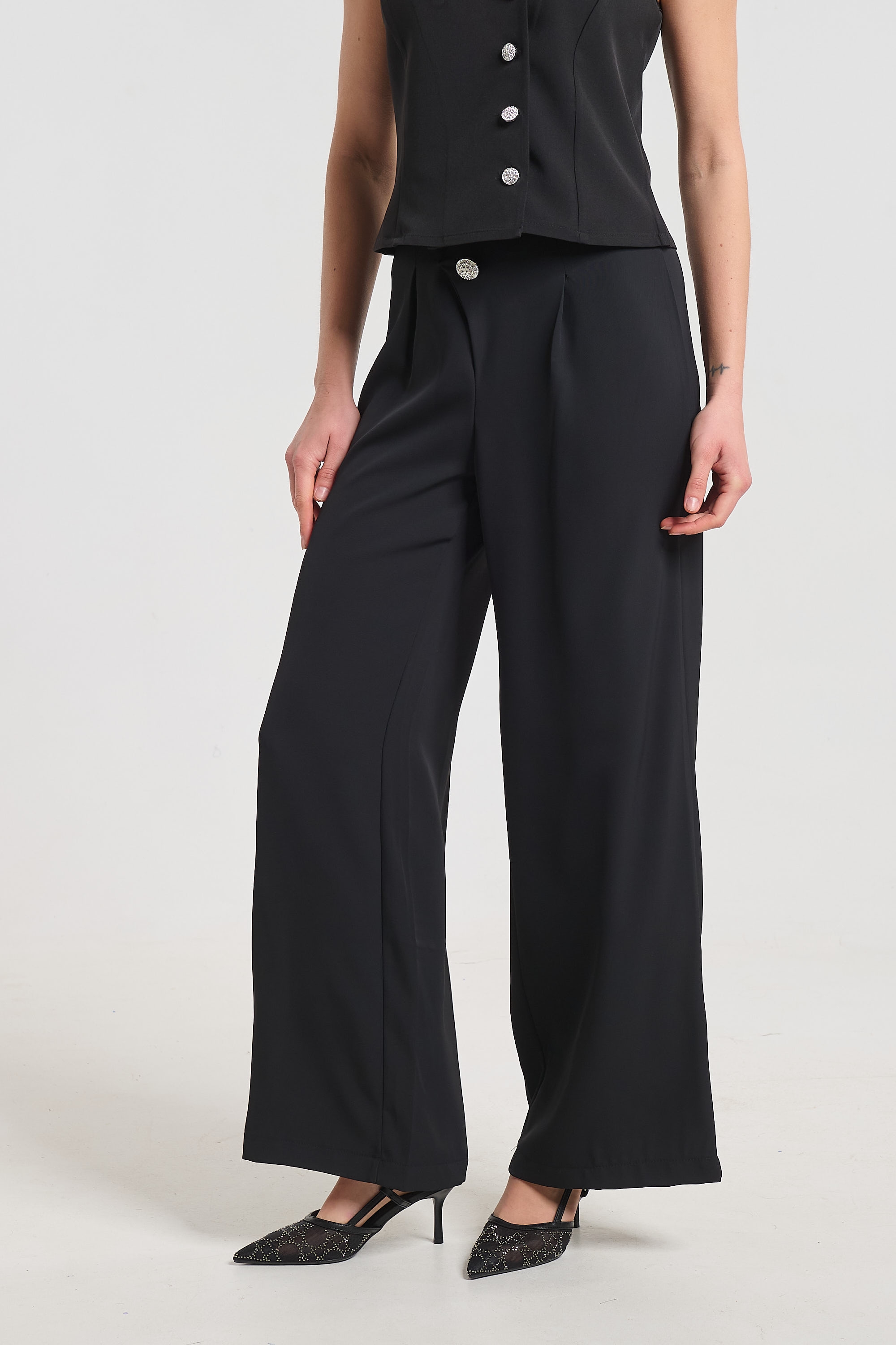 Kelly’s Elegant Pants with Rhinestone Button Detail