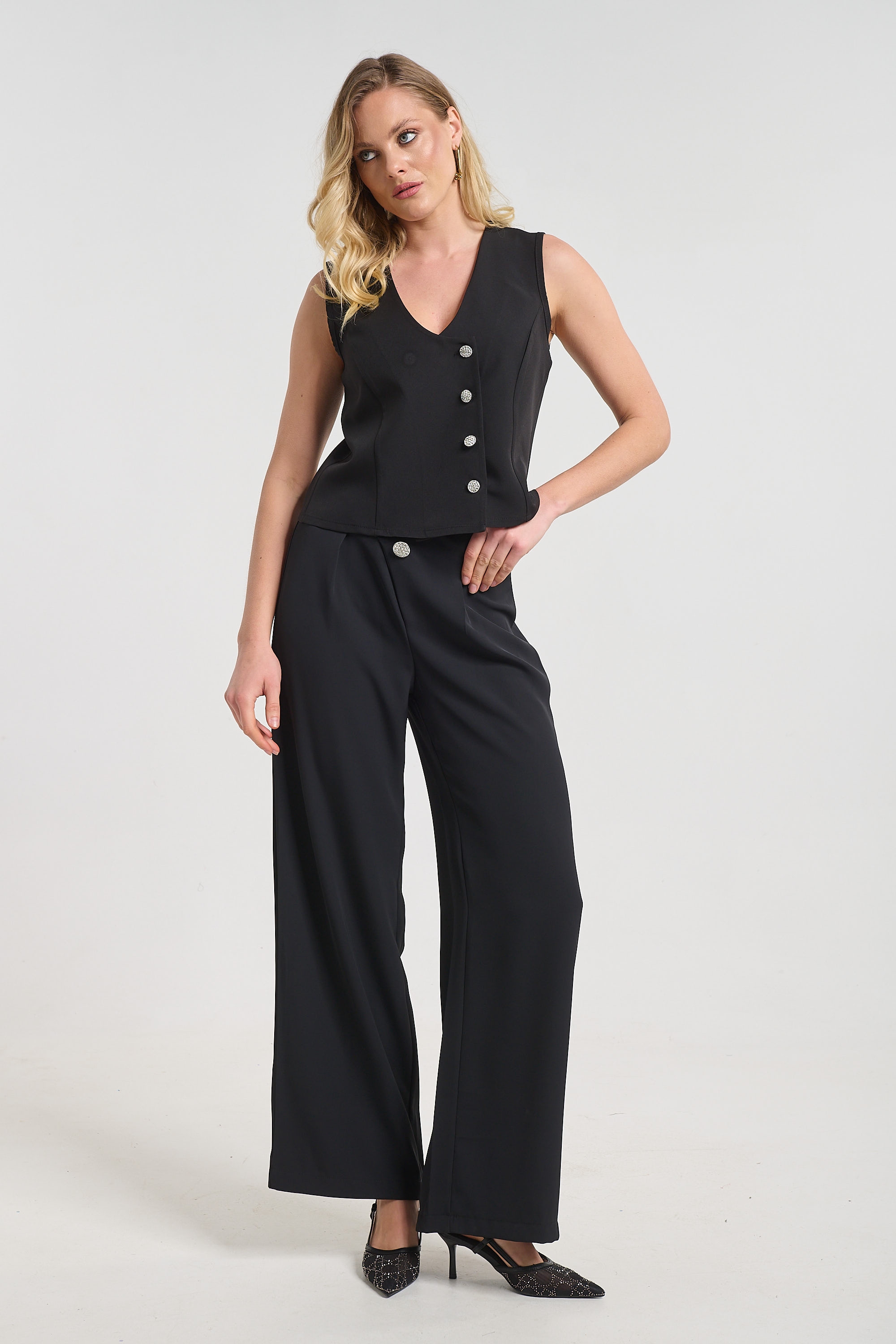 Kelly’s Elegant Pants with Rhinestone Button Detail