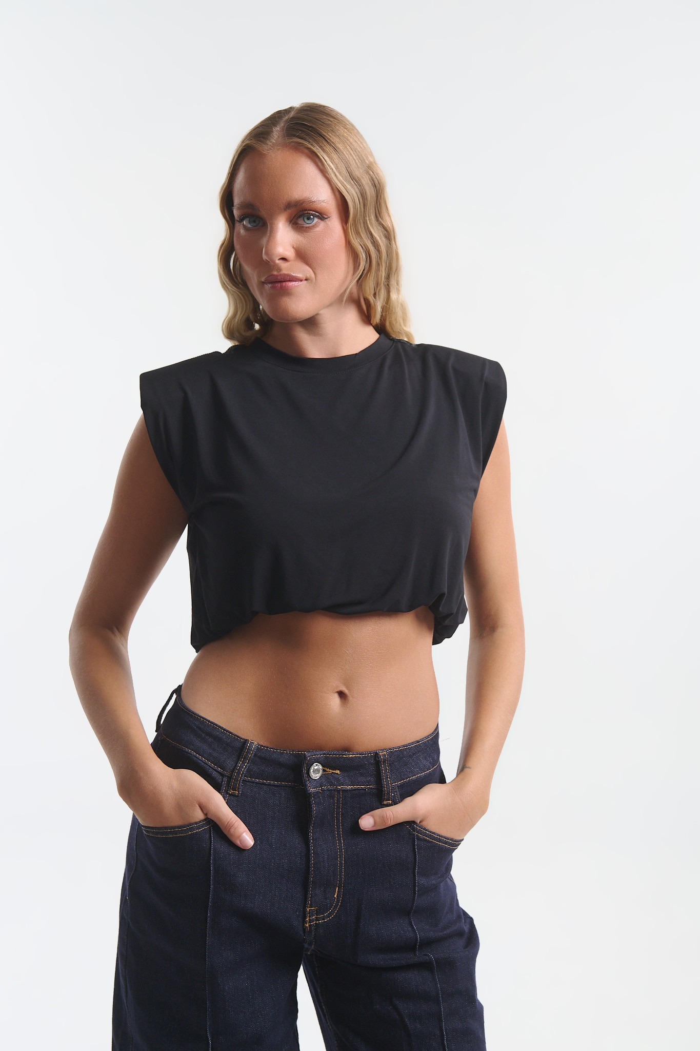 Kelly's Women’s Crop Top with Shoulder Pads & Rhinestones