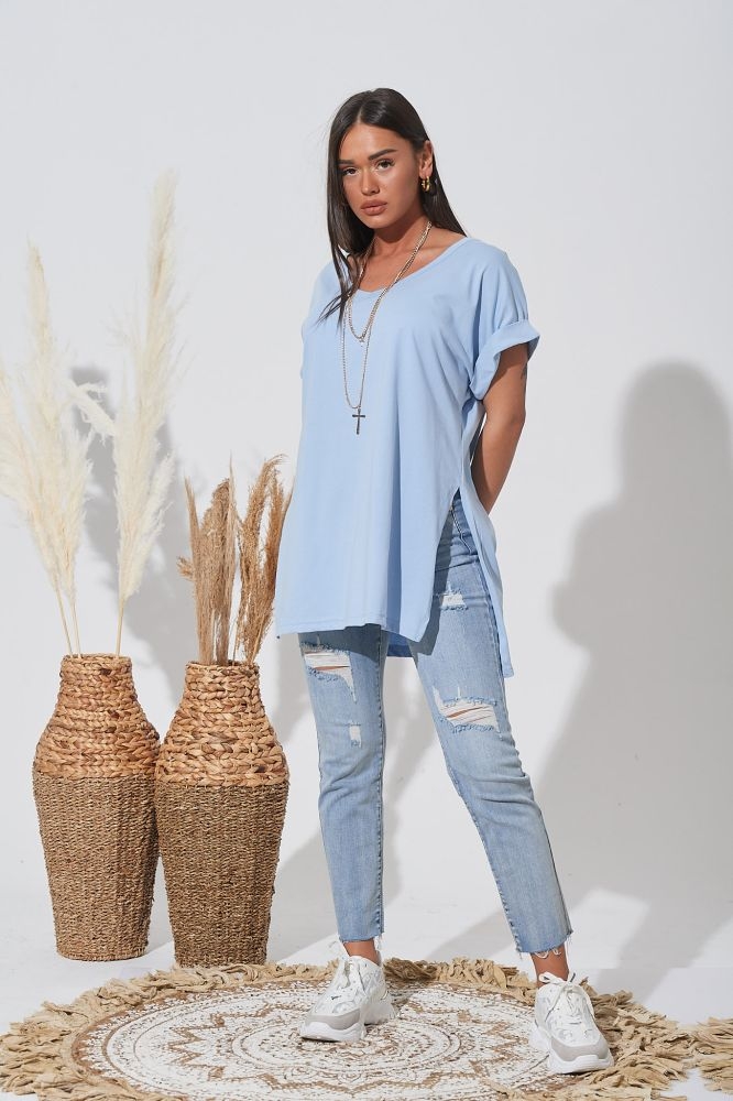 T-Shirt Basic Με Γυριστό Μανίκι